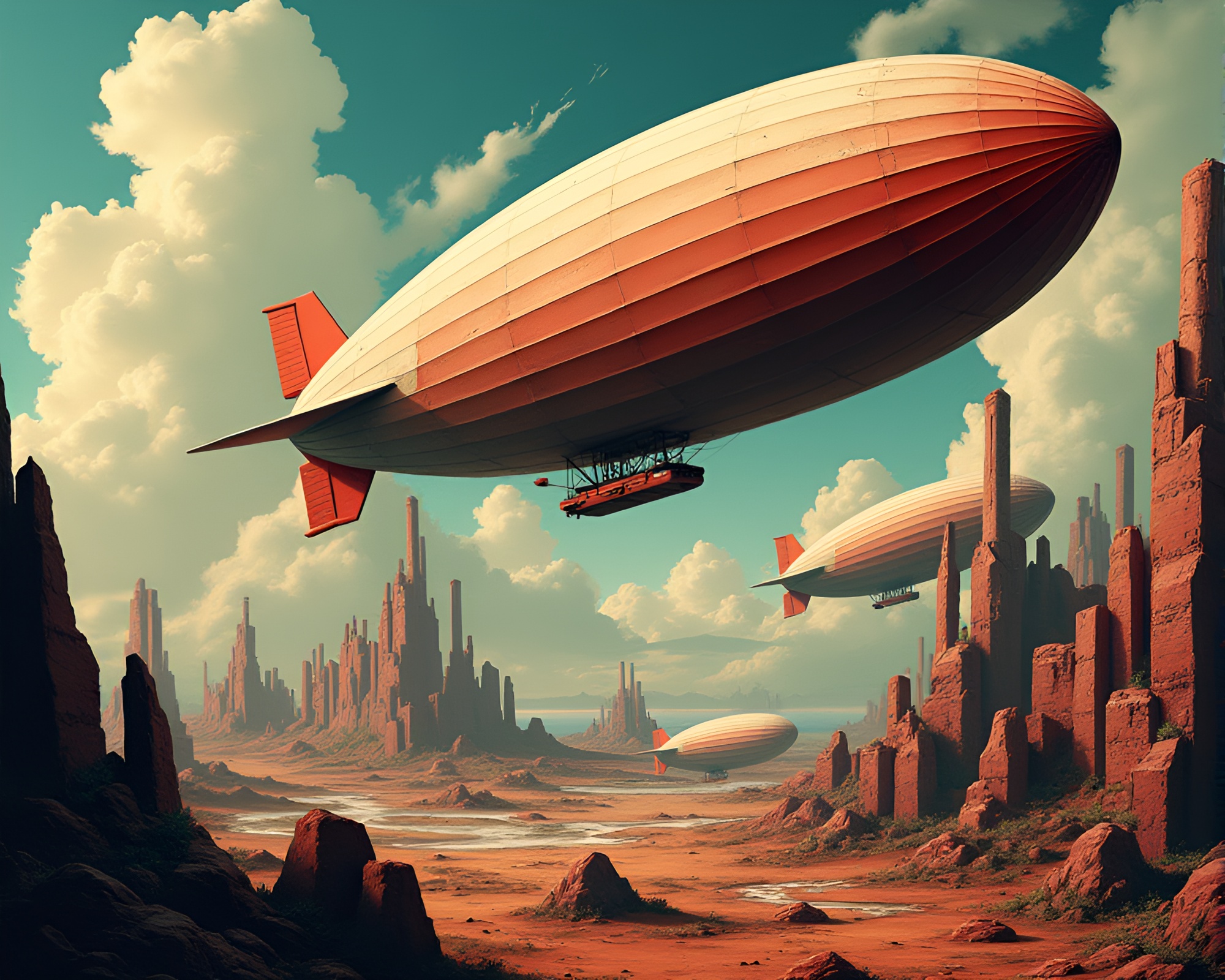 Decaying Zeppelins in Cubist Dystopian Landscape – free AI stock image
