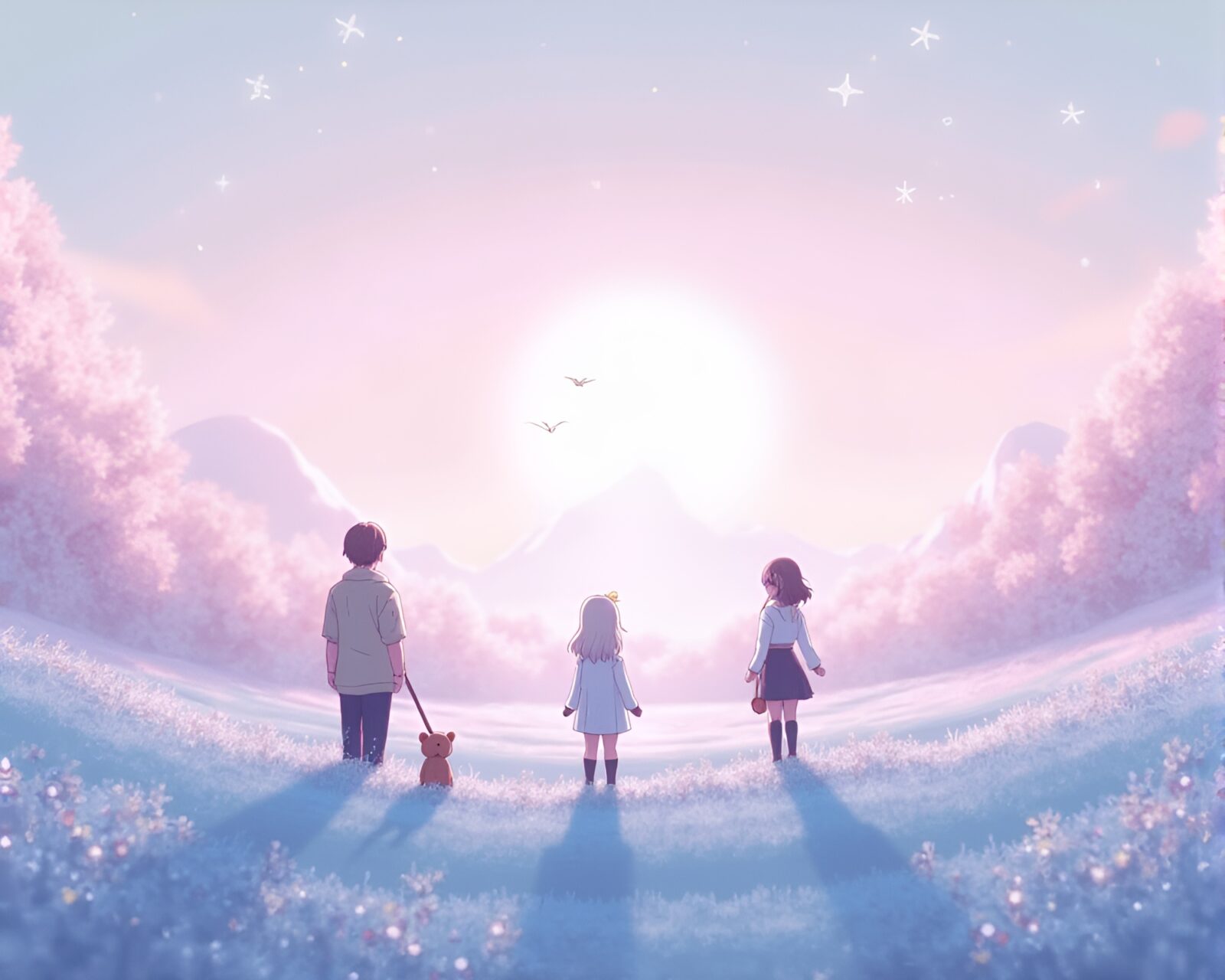 Dreamy anime characters exploring glittering frost landscape under pastel sky