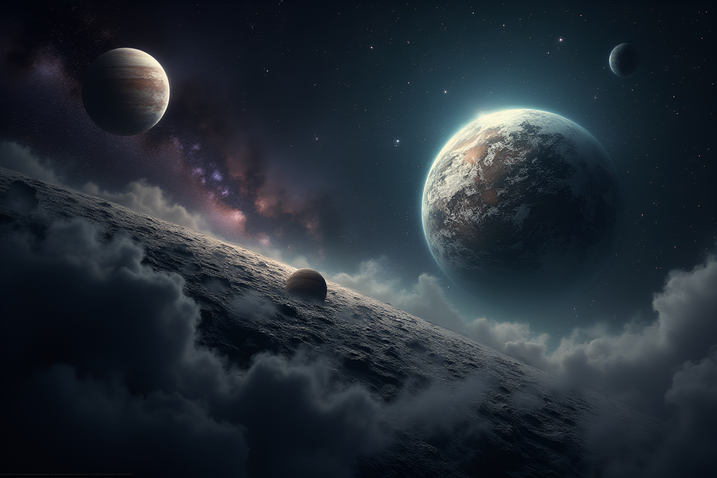 Surreal cosmic nebula collage of shattered planets – free AI stock image