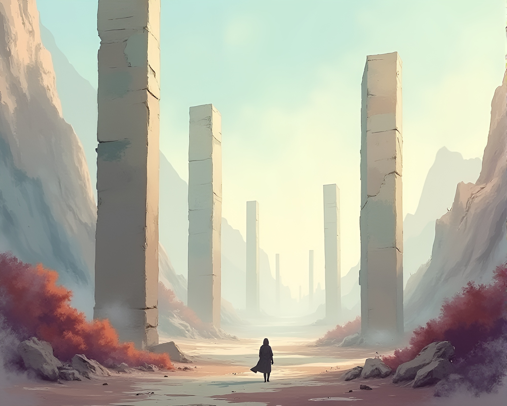 Surreal Watercolor Landscape with Monolithic Pillars – free AI stock image