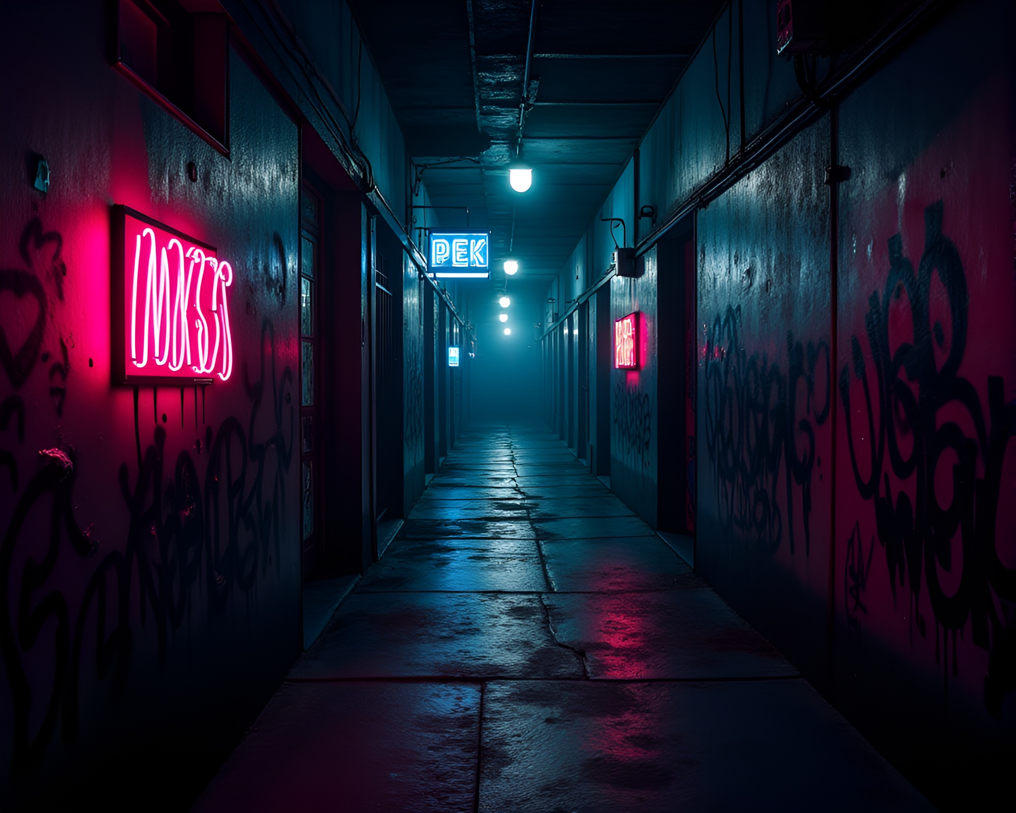 Menacing Graffiti-Covered Ally with Neon lights – free AI stock image