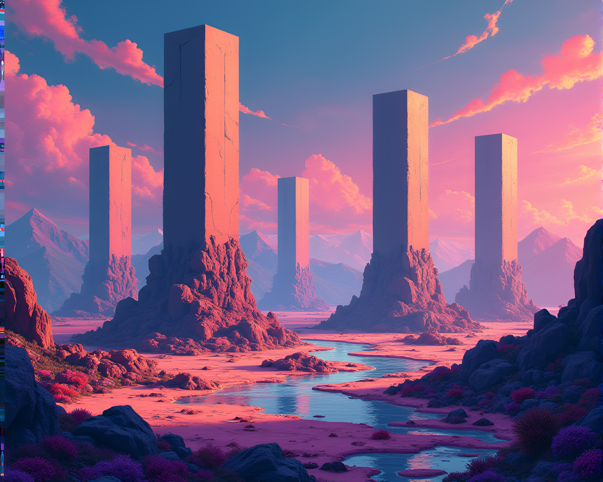 Monolithic Pillars Suspended in Glitchy 8-Bit Atmosphere – free AI stock image
