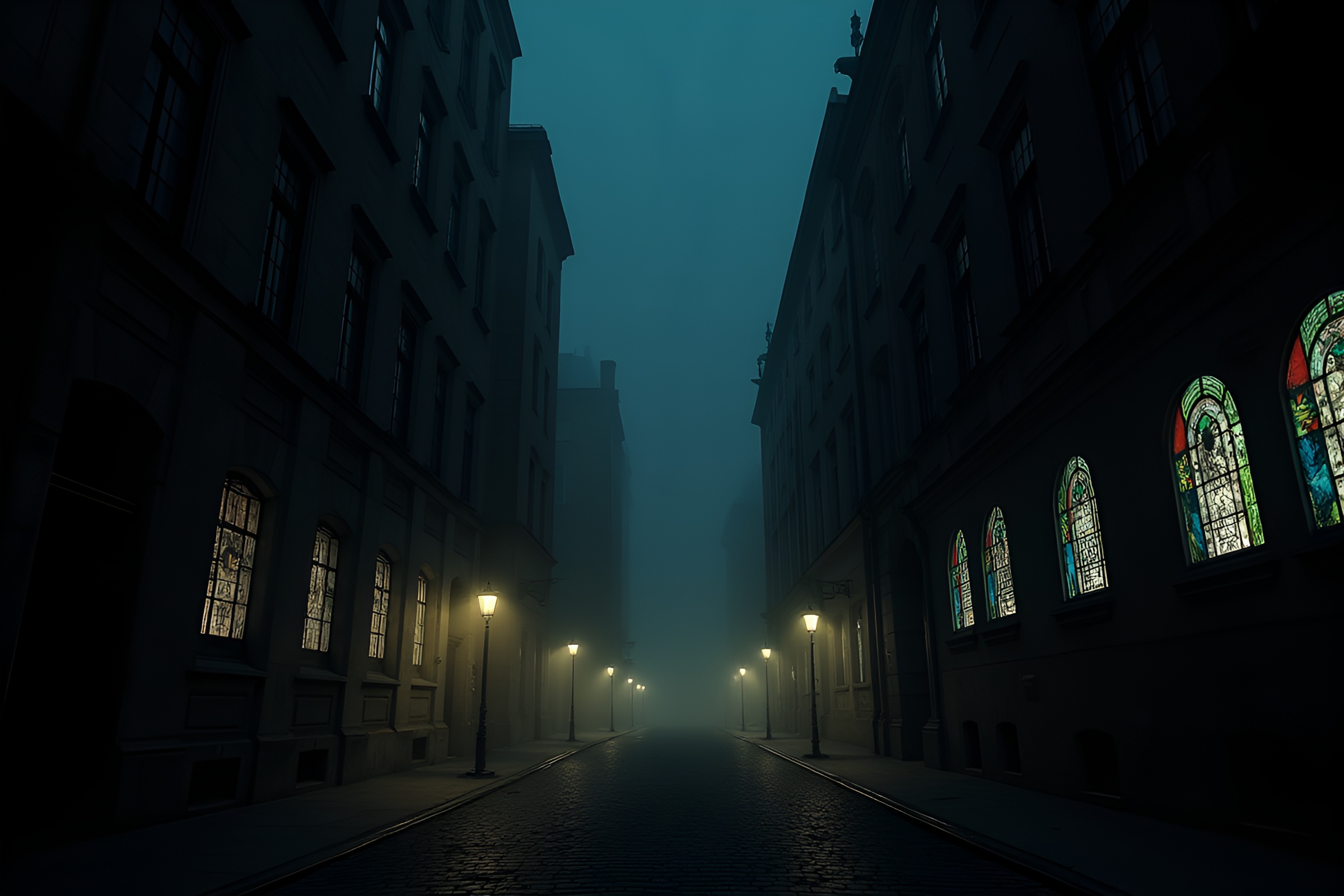 Eerie City Streets Lit by Stained Glass Windows – free AI stock image