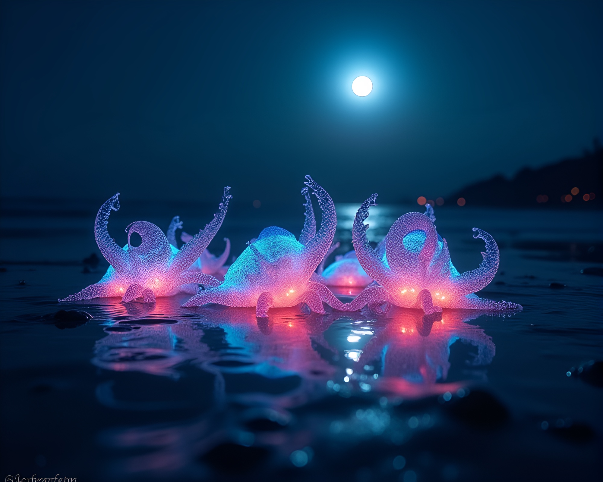 Bioluminescent sea creatures illuminate tide pool under moonlight – free AI stock image