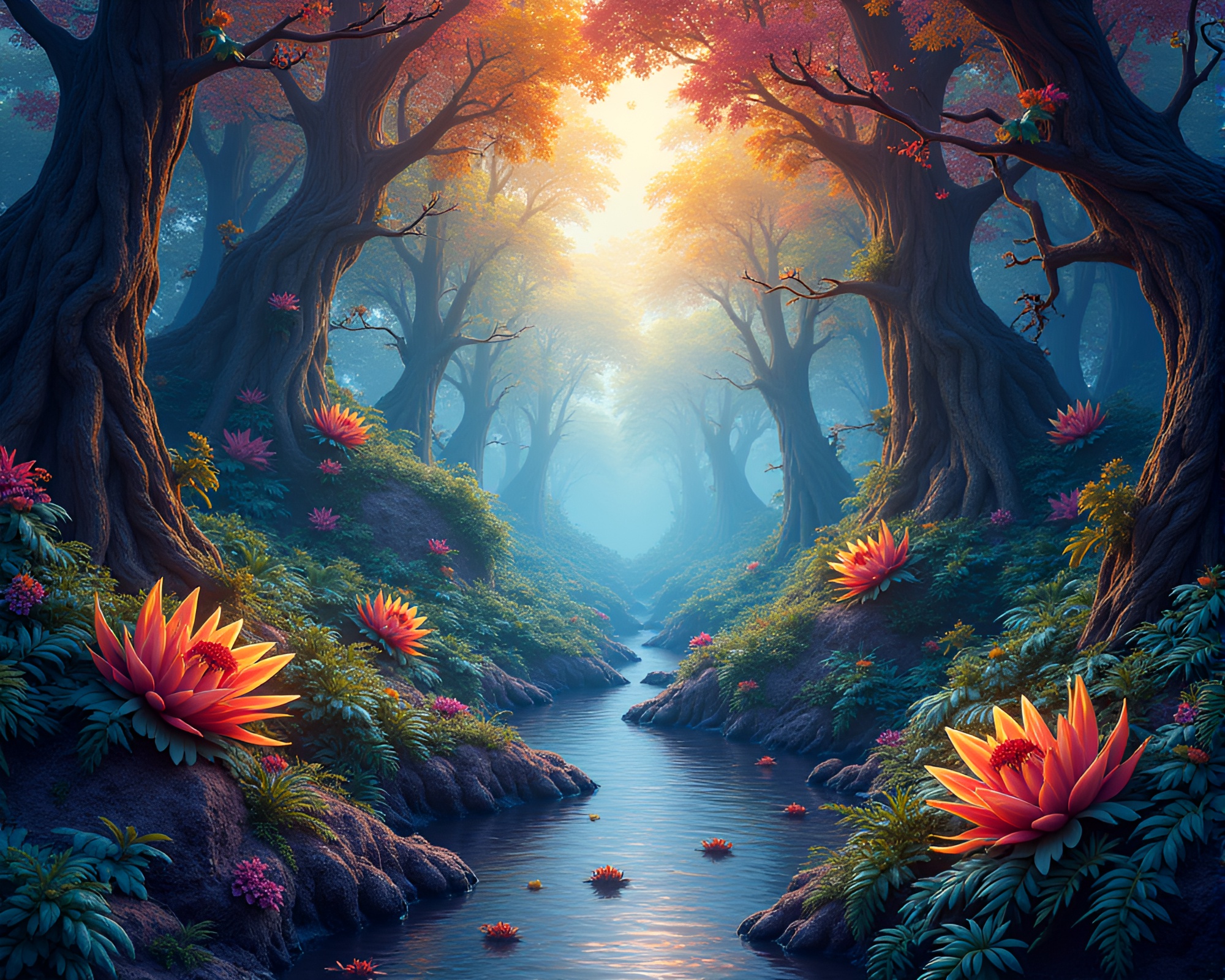 Vibrant Fractal Jungle Scene: Mesmerizing Abstract Artwork – free AI stock image