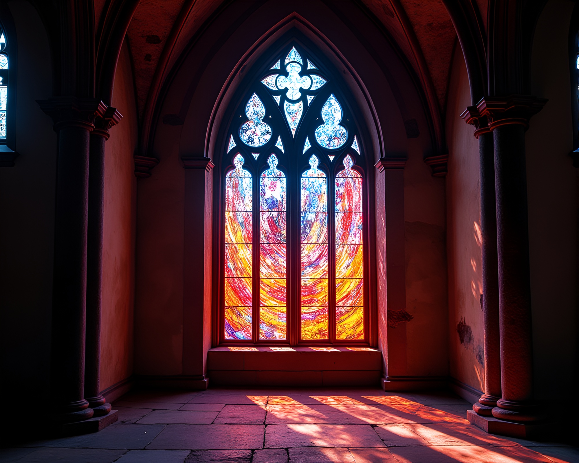 Stunning Light Trails in Stained Glass Cathedral Display – free AI stock image
