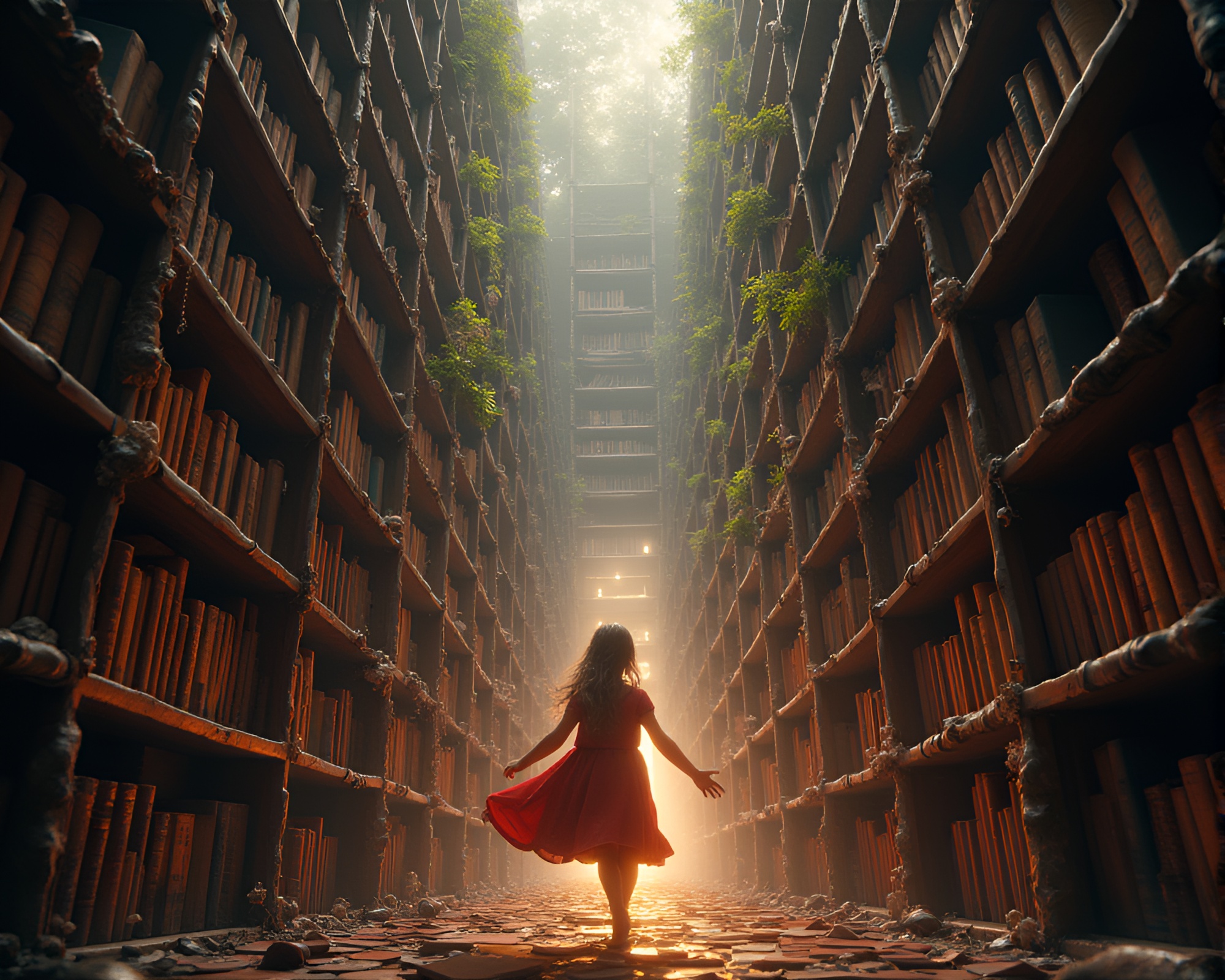 Whimsical Wonderland: Joyous Scene in Labyrinthine Library – free AI stock image