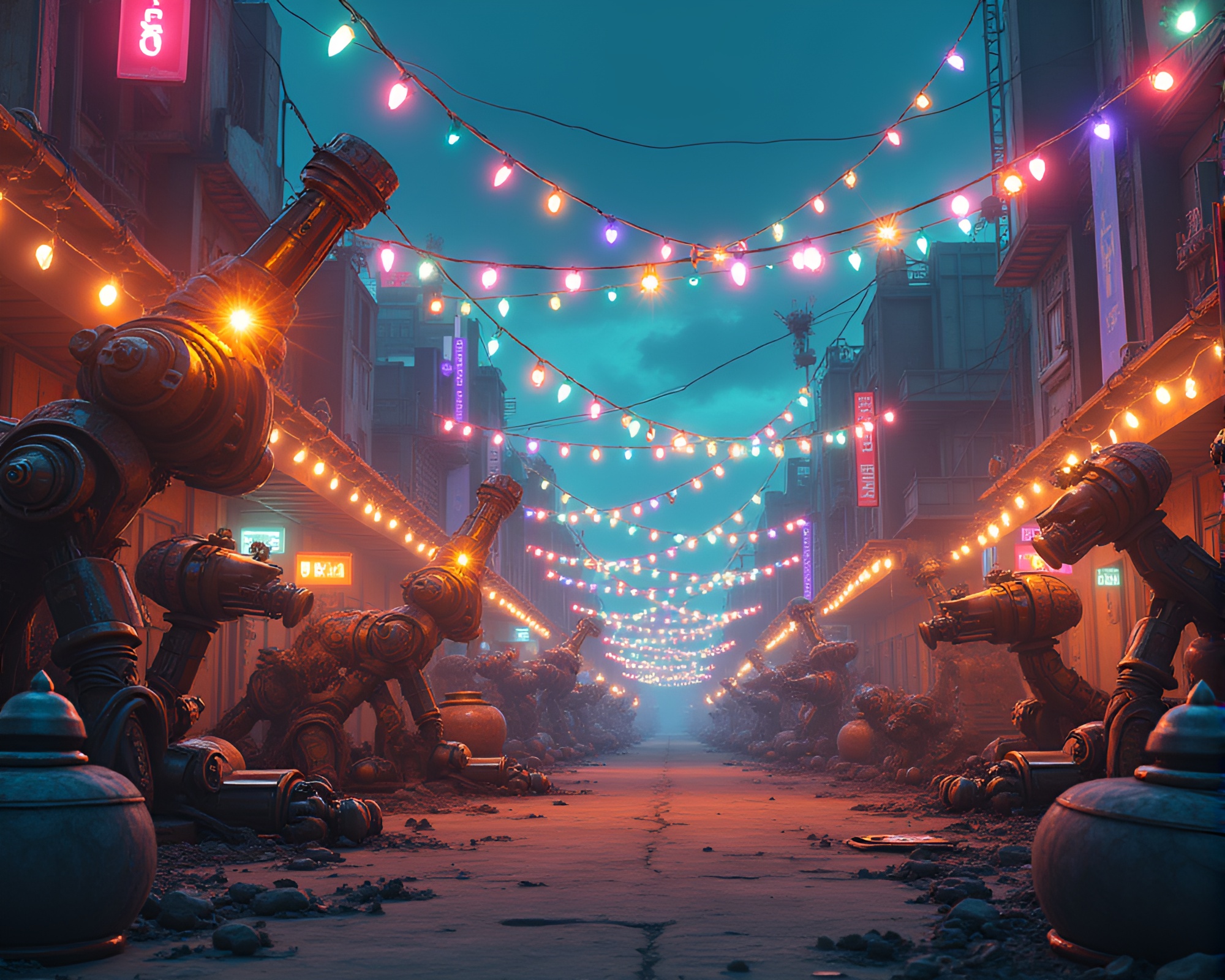 Robotic Junkyard Transformed into Vibrant Festival Celebration – free AI stock image