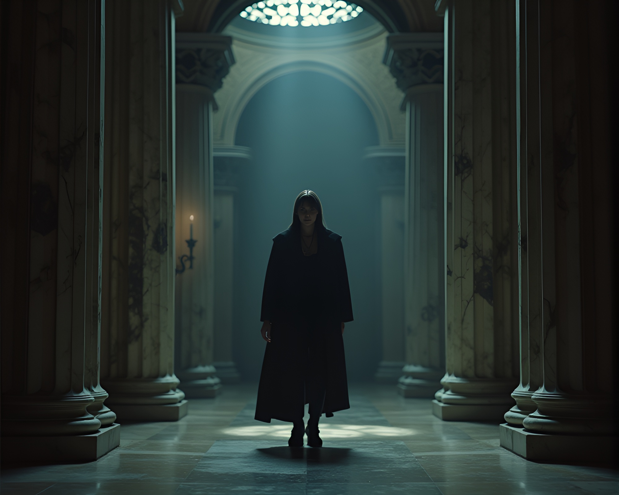 Melancholic Fashionista Roams Dimly Lit Memory Palace – free AI stock image