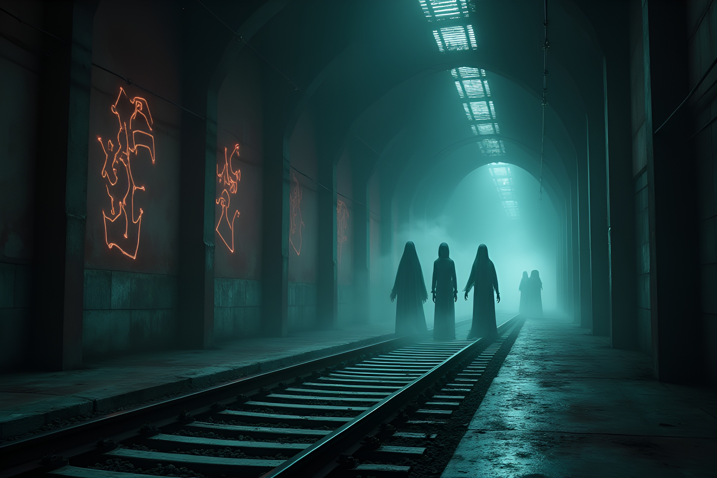 Ethereal Cubist Train Station in Ghostly Dreamlike Landscape – free AI stock image