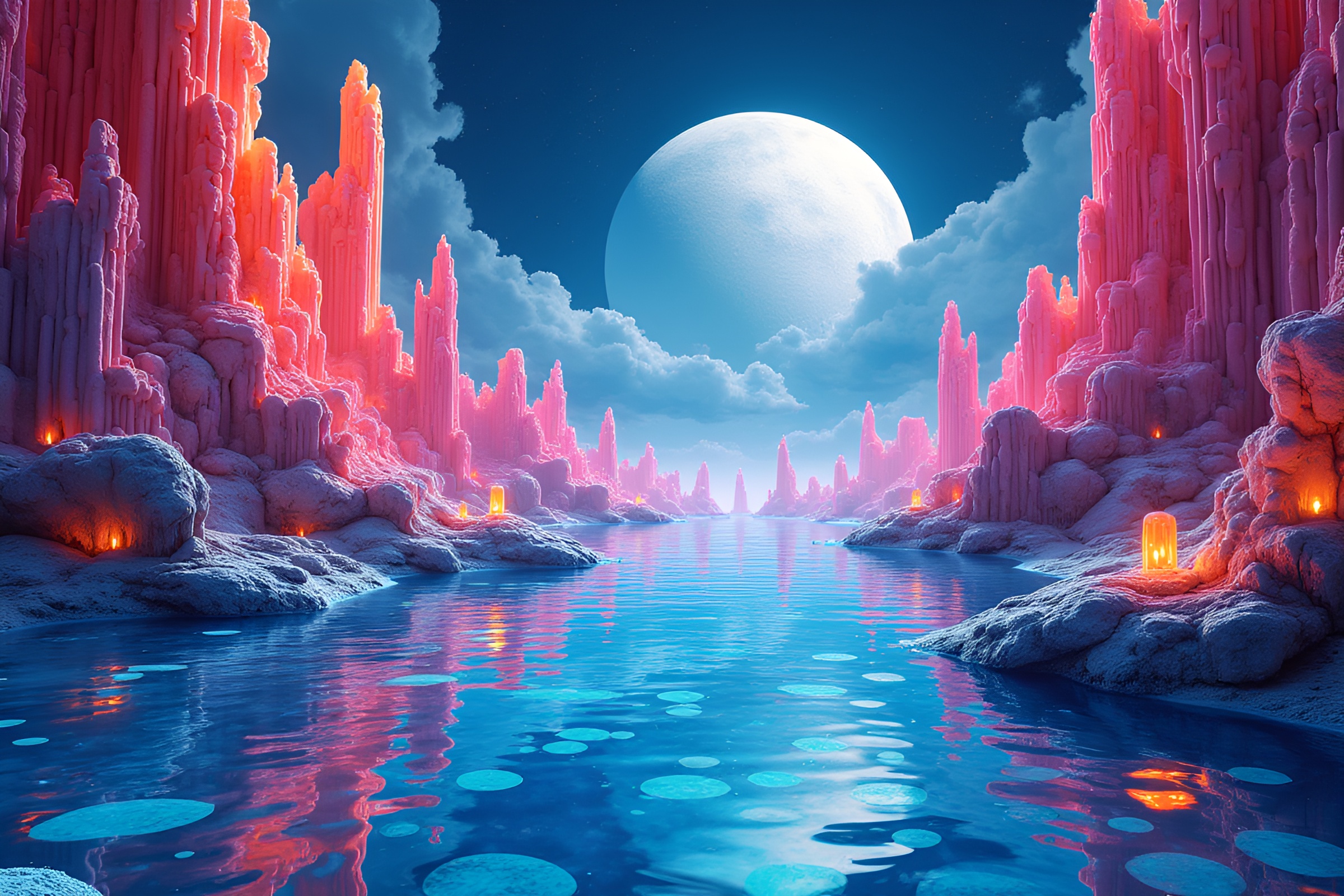 Surreal Otherworldly Landscape in Mirror Pool Oasis – free AI stock image