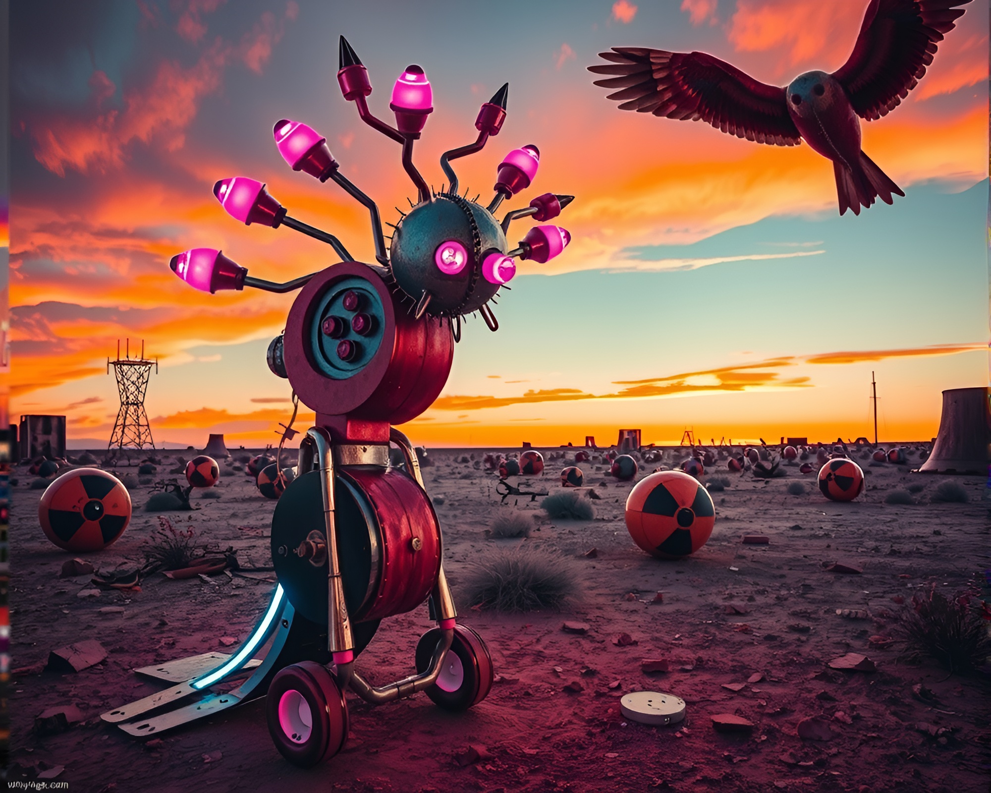 Post-Apocalyptic Kinetic Sculpture: Beauty Amidst Destruction – free AI stock image