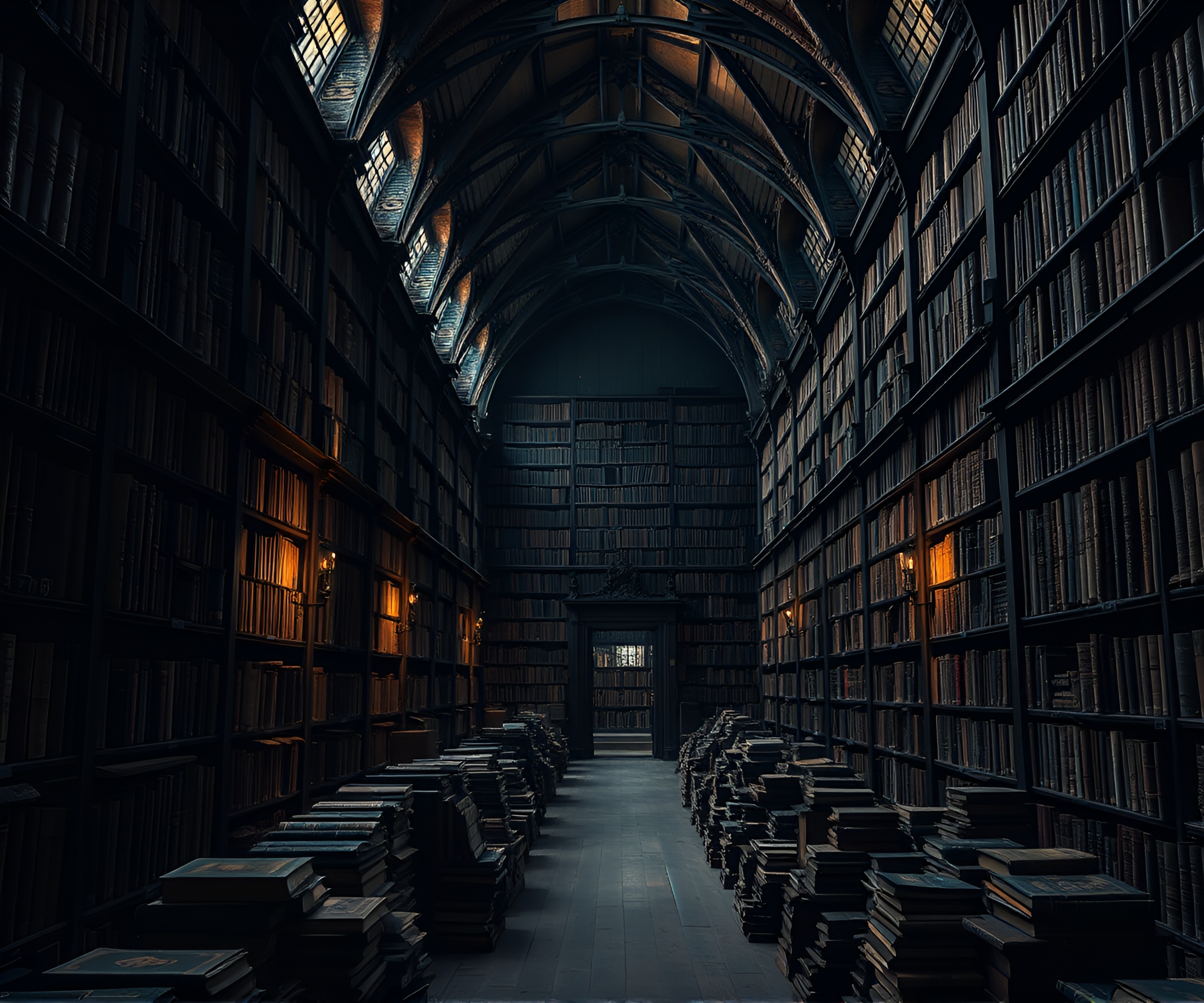 Enigmatic Library Labyrinth Filled with Ancient Books – free AI stock image