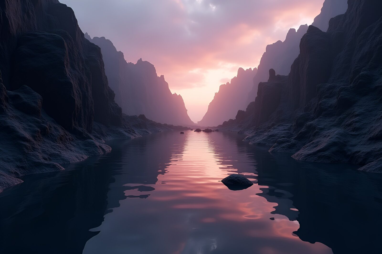 Dusk Obsidian Canyon with Reflections in Realistic CGI