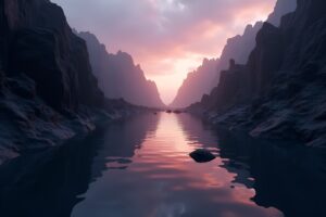 Dusk Obsidian Canyon with Reflections in Realistic CGI – free AI stock image