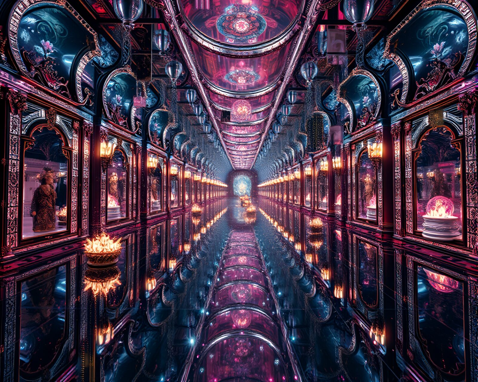 Mirror labyrinth with surreal and mystical elements, ethereal atmosphere