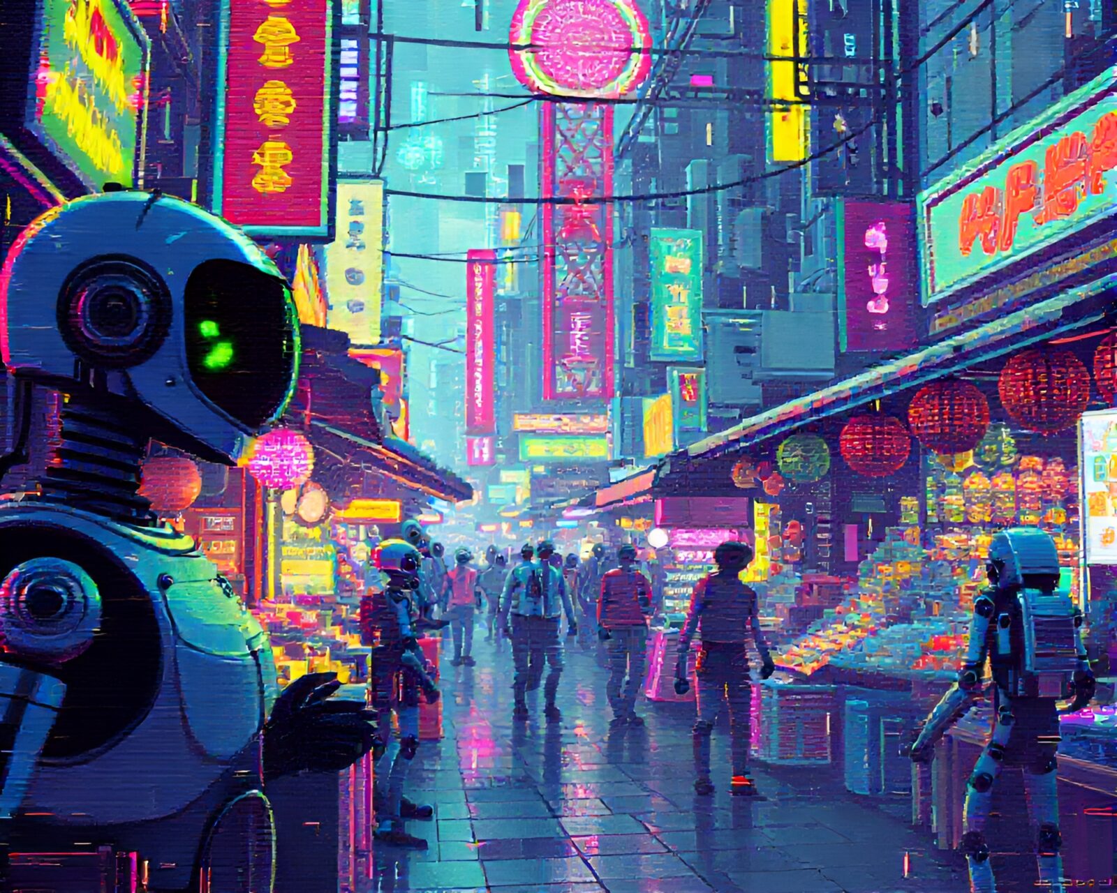 Surreal scene of androids browsing through glitchy retro art
