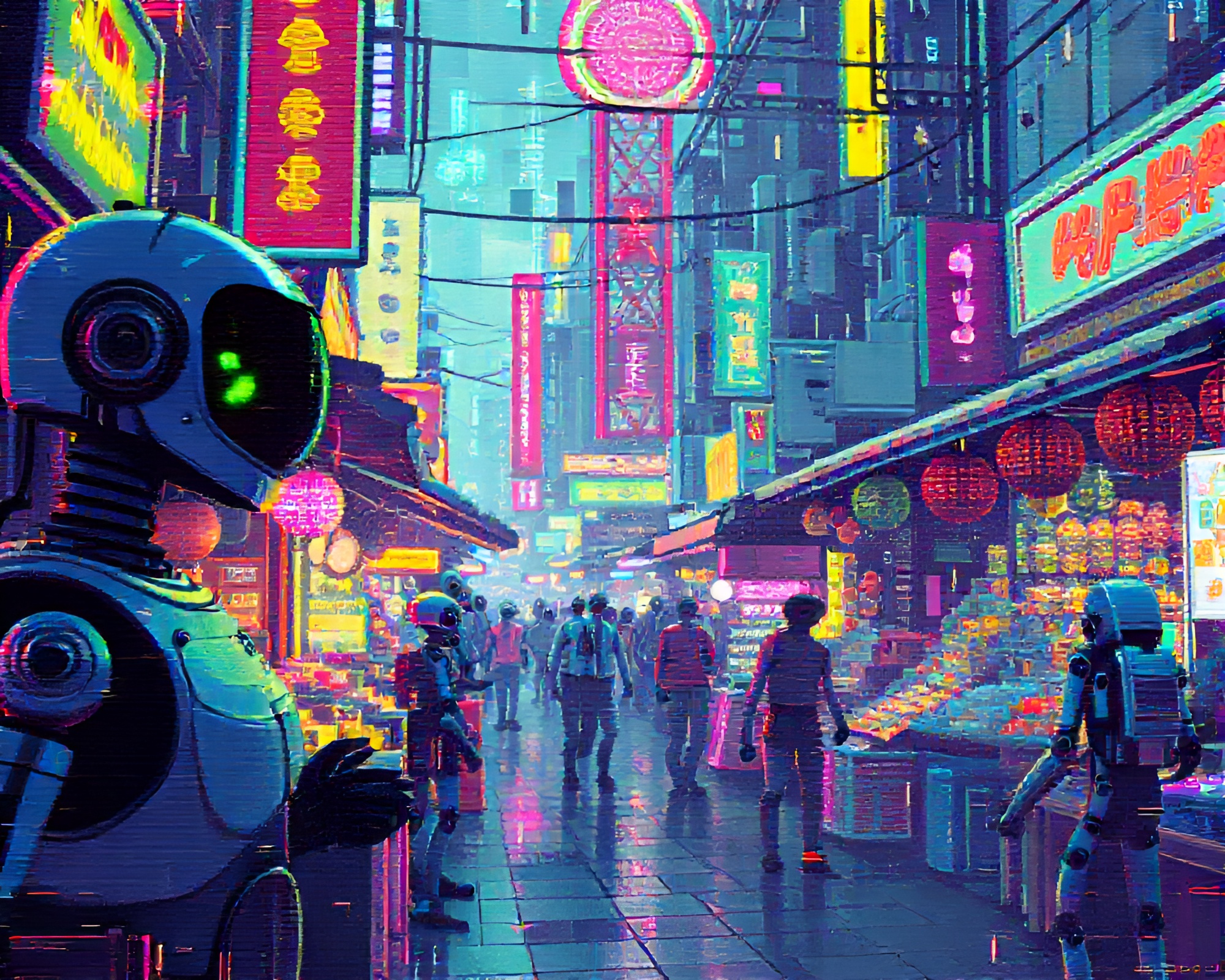 Vibrant 8-Bit Artwork in Bustling Android Marketplace – free AI stock image