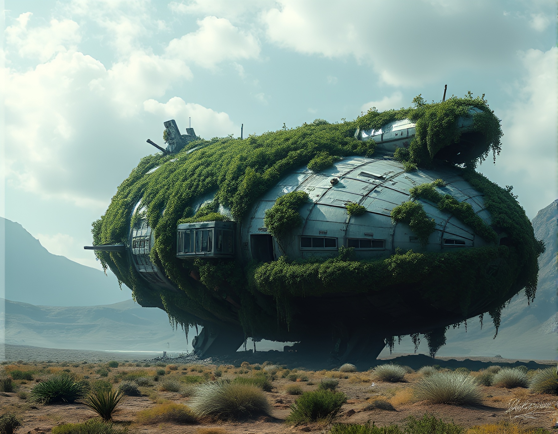 Abandoned Future Spaceship Overgrown with Ivy on Alien Planet – free AI stock image