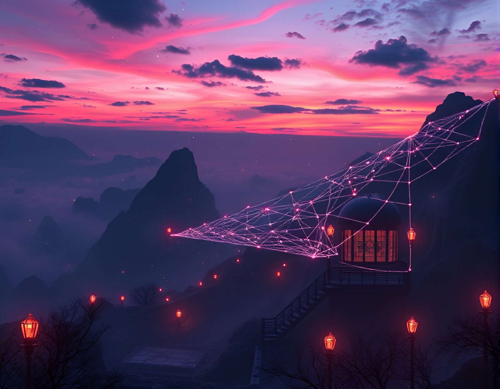 Mesmerizing twilight scene with shimmering web of quantum entanglement