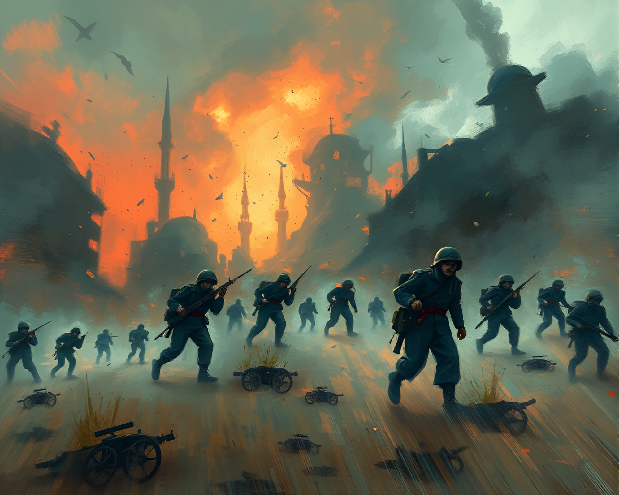 Spectral battlefield in kinetic impressionism portrays chaotic war – free AI stock image
