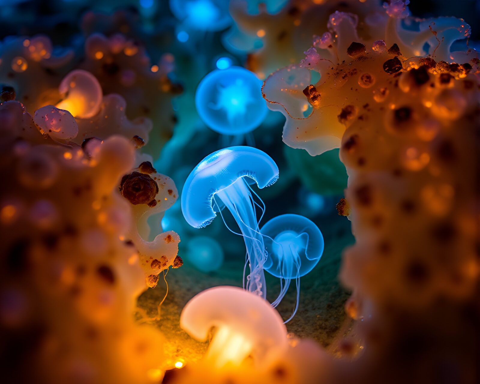 Detailed close-up of glowing marine organisms in tide pools