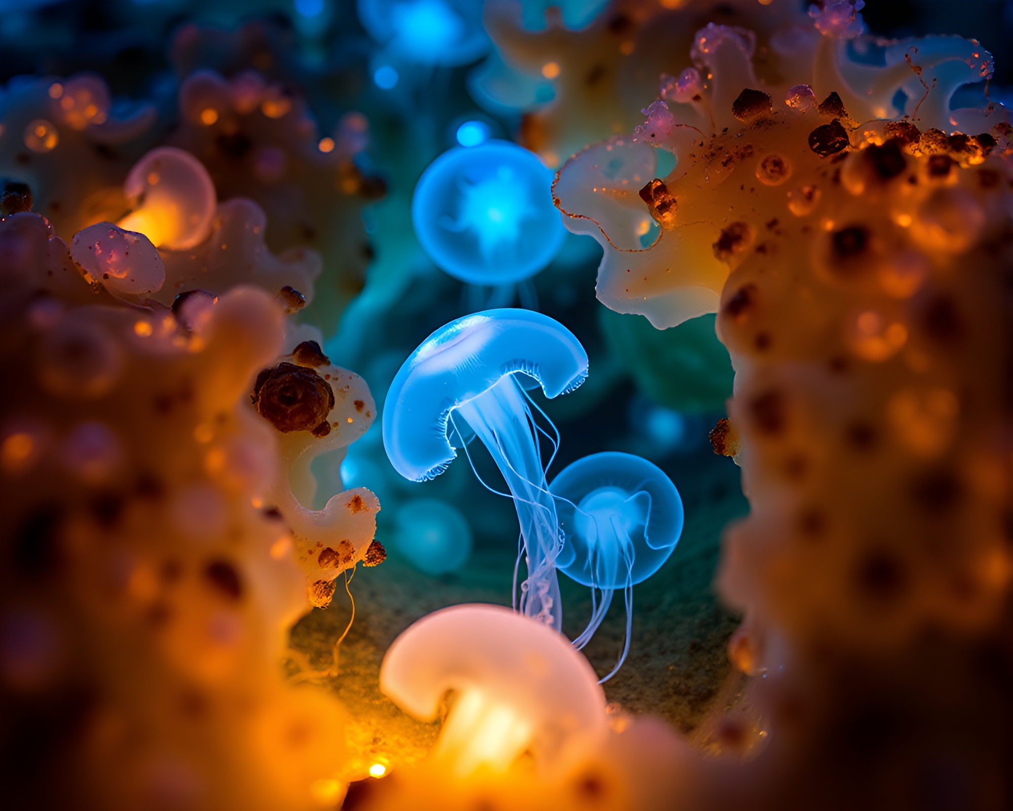Ethereal Macro Photography of Bioluminescent Tide Pools – free AI stock image