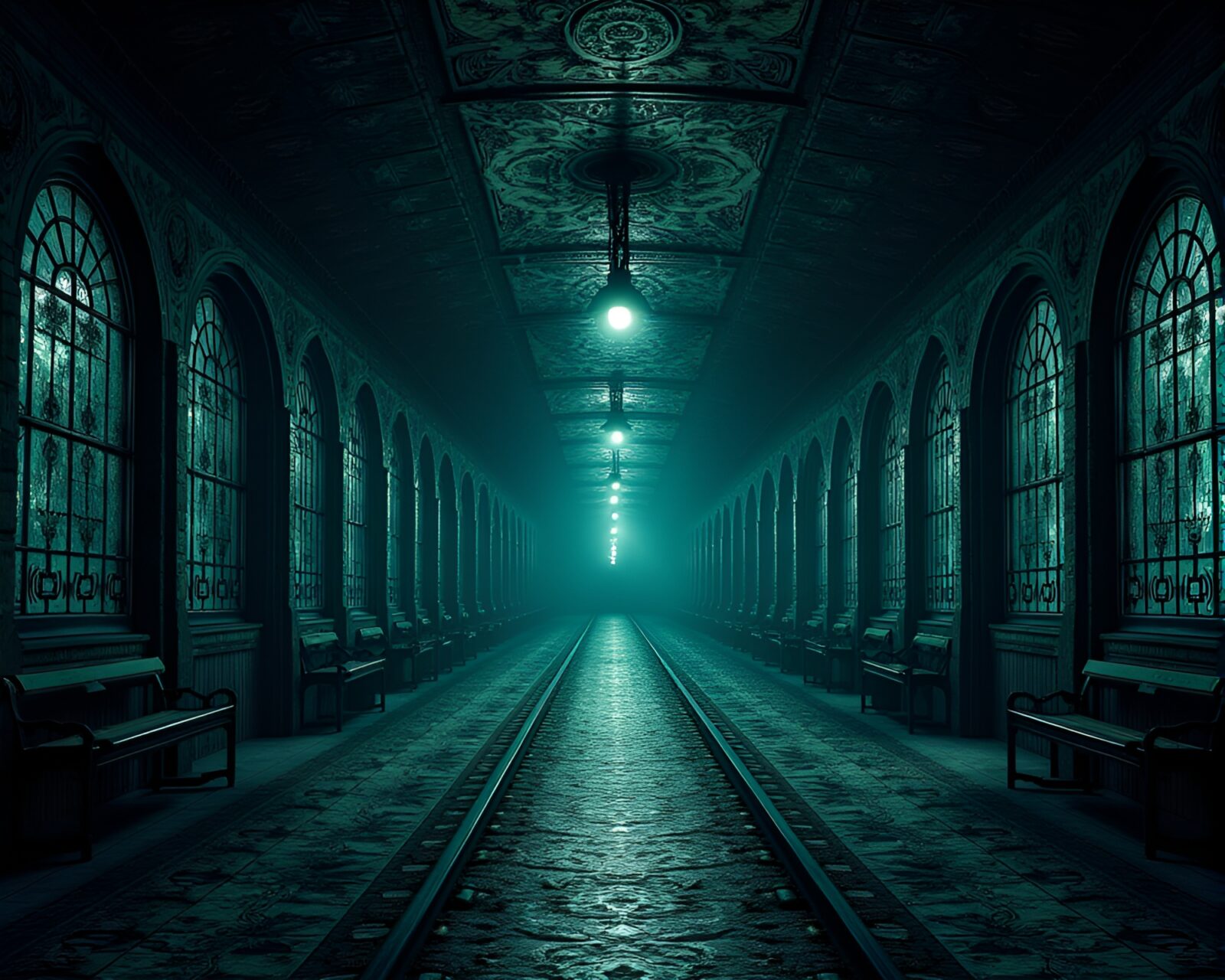Haunting and mesmerizing atmosphere in ghostly train station with mosaic tile work