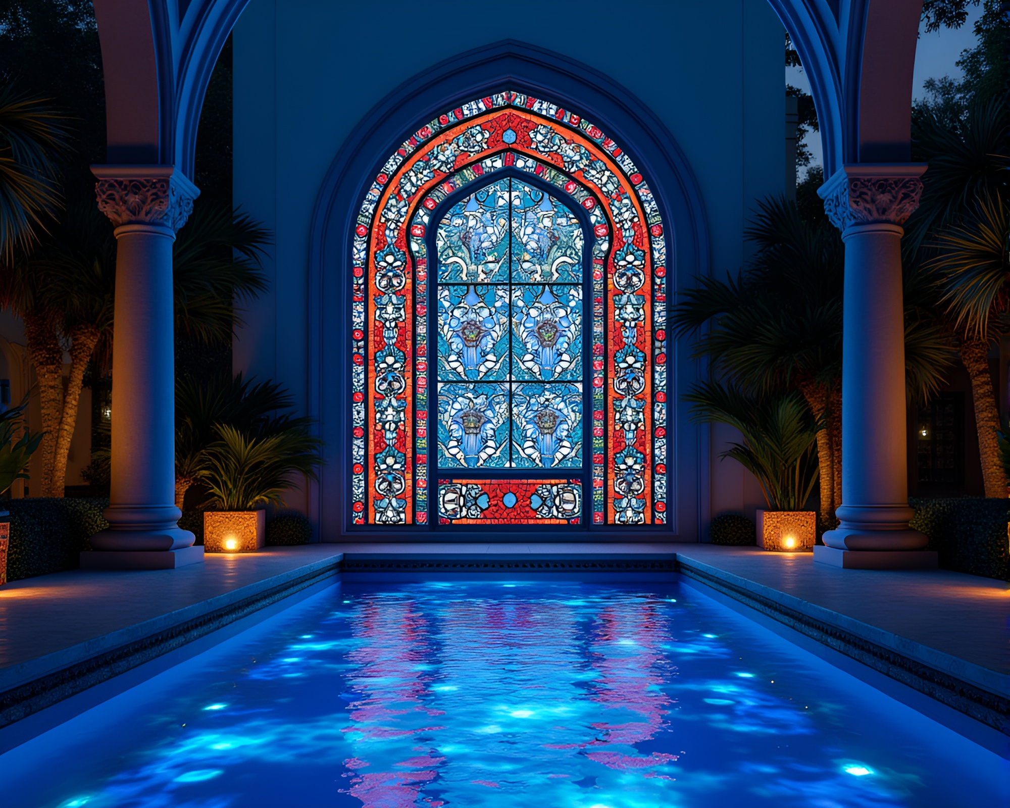 Starry Night Stained Glass Window in Serene Oasis – free AI stock image