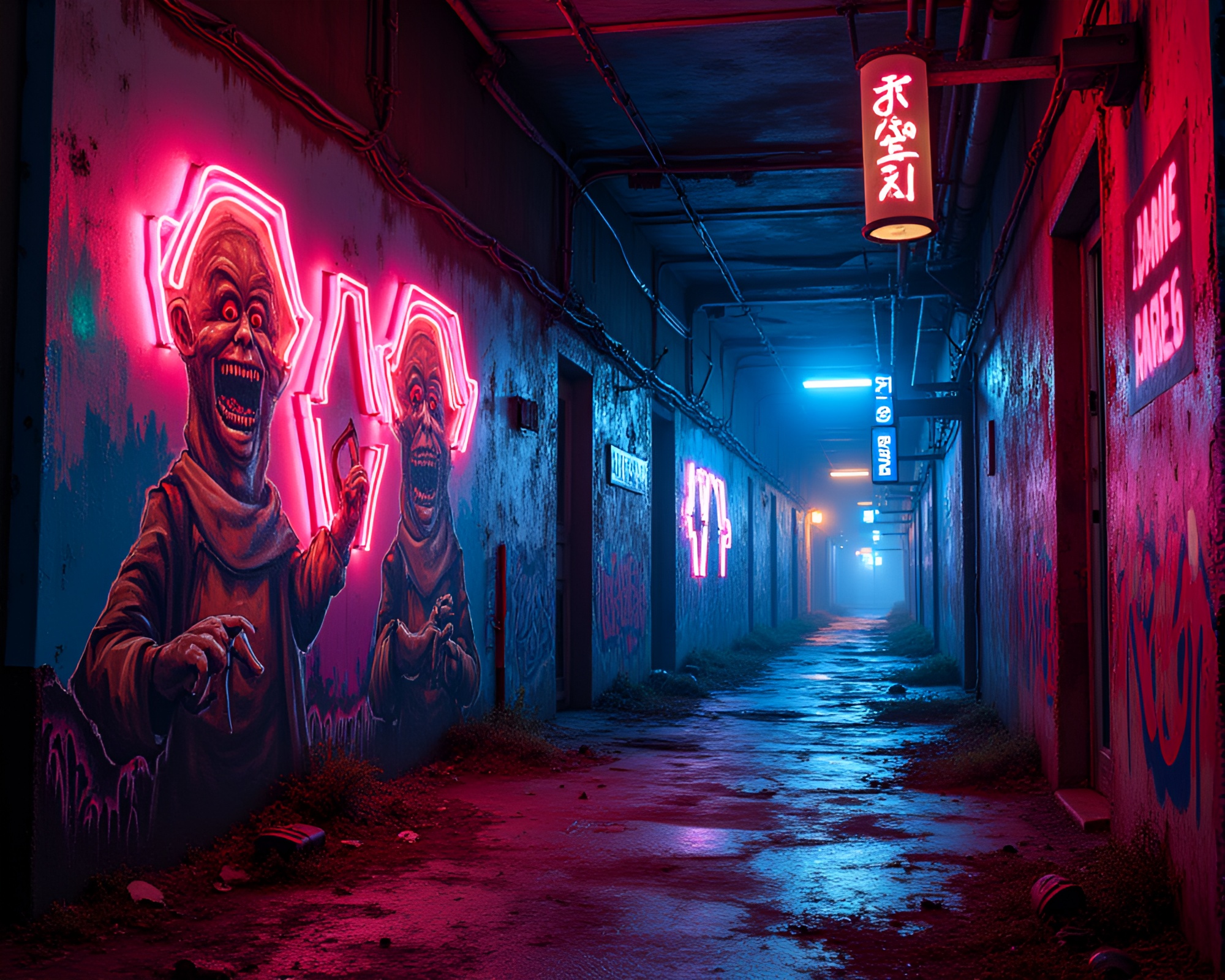 Vibrant Neon Graffiti Art Brightens Post-Apocalyptic Alleyway – free AI stock image