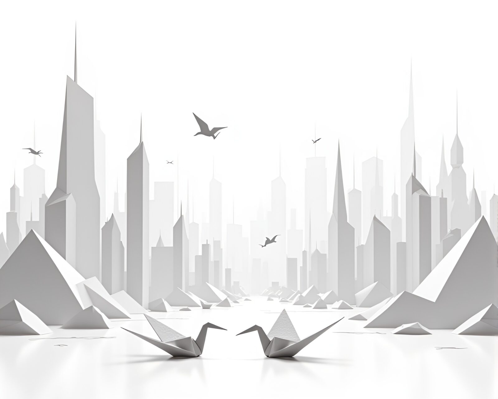 Intricate line drawings of floating origami city with paper cranes and geometric shapes