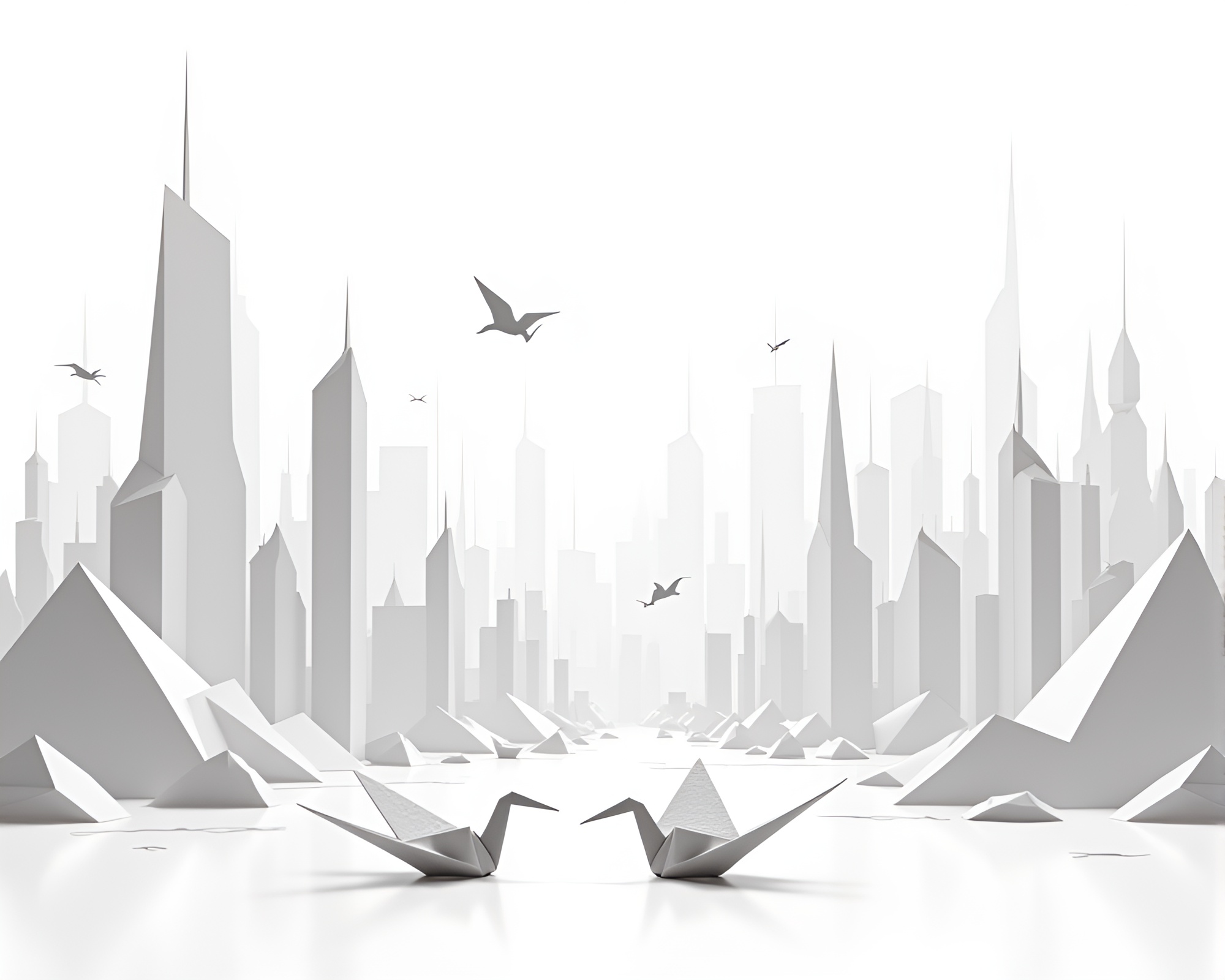 Serene Origami Cityscape Featuring Paper Cranes and Skylines – free AI stock image