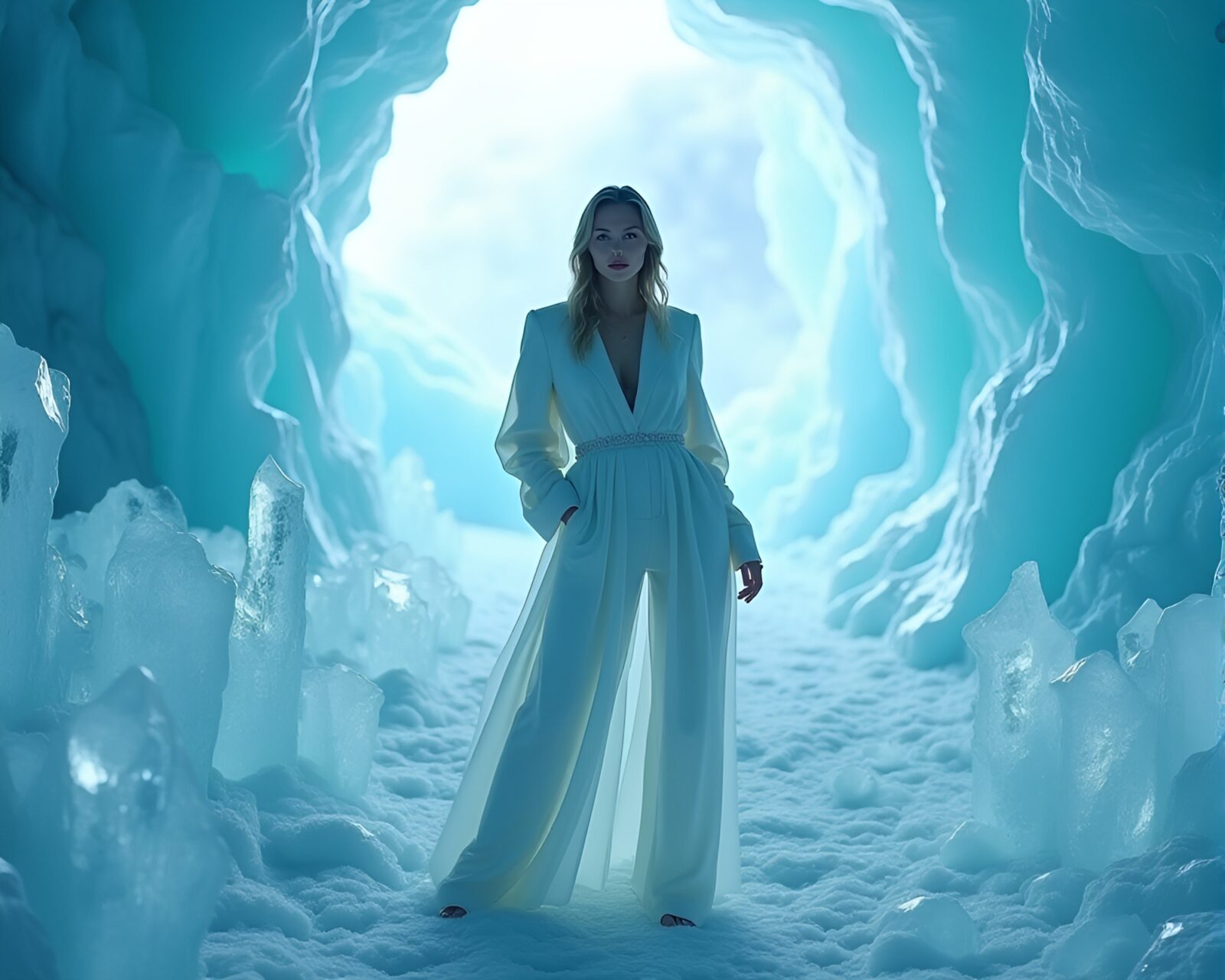 Stunning ice cavern with fashionable figure amidst ice prisms