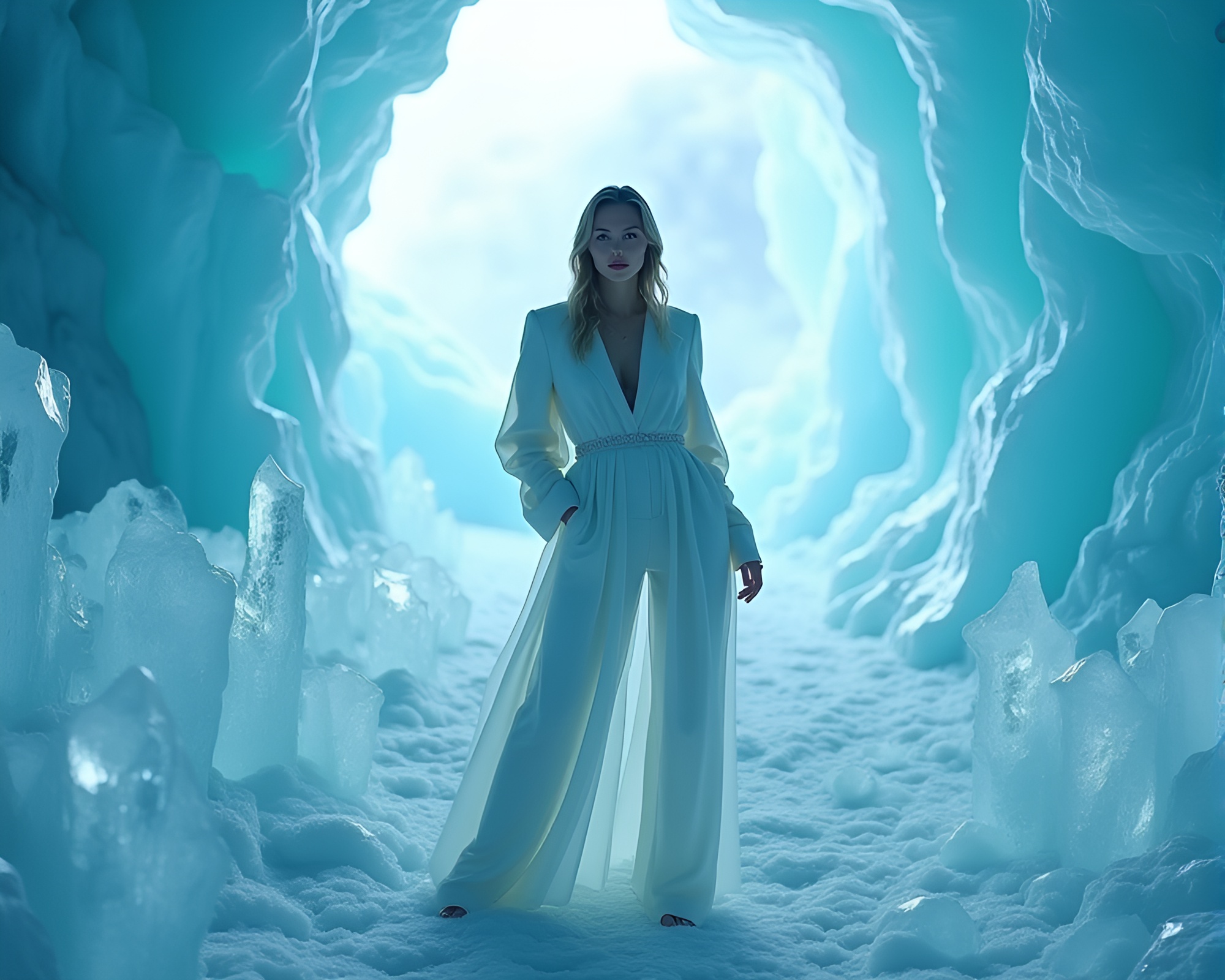 Fashionable figure in shimmering ice cavern – free AI stock image