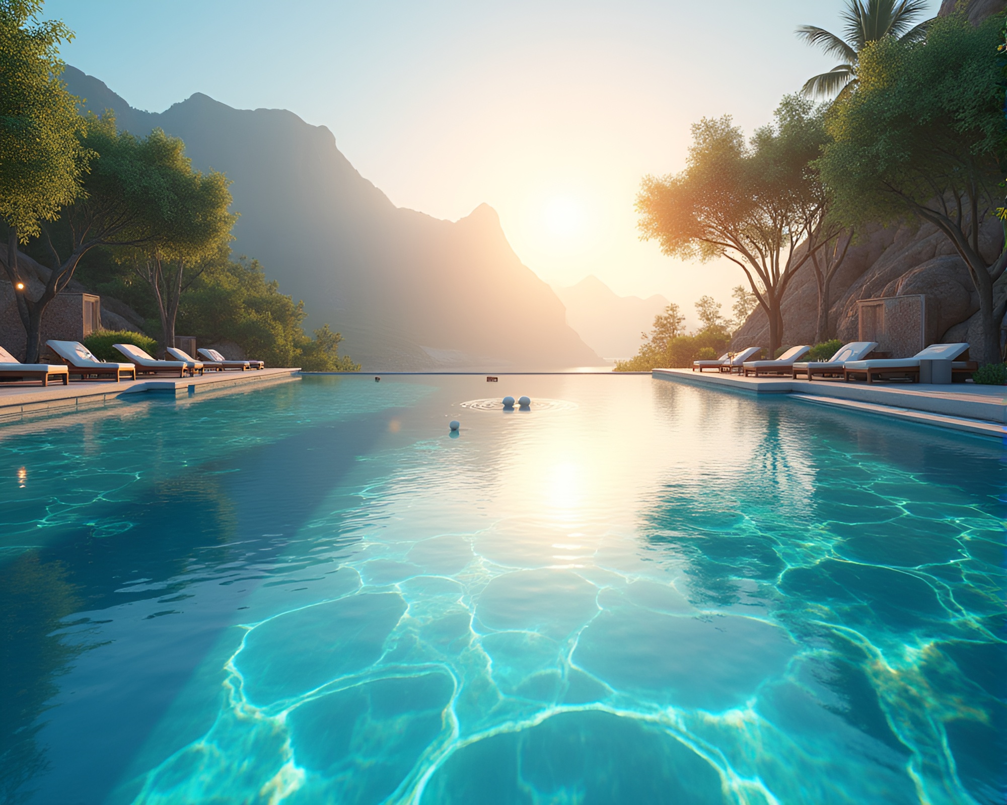 Ethereal Sunset Oasis with Crystal Clear Pools – free AI stock image
