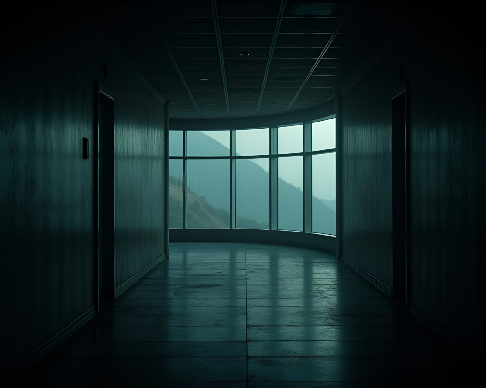 Glass observatory with bright lights and dark shadows
