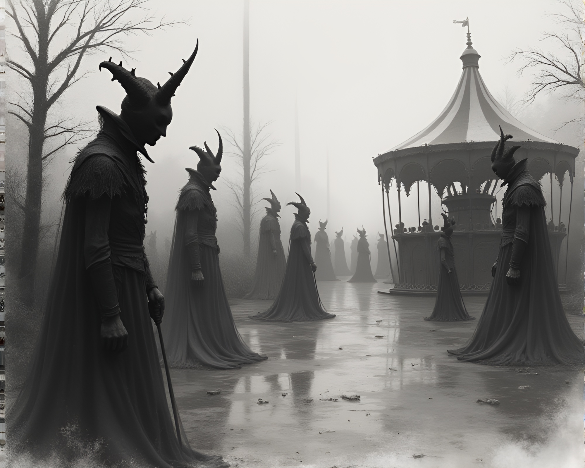 Spectral Carnival: Haunting Beauty in Charcoal Sketch – free AI stock image