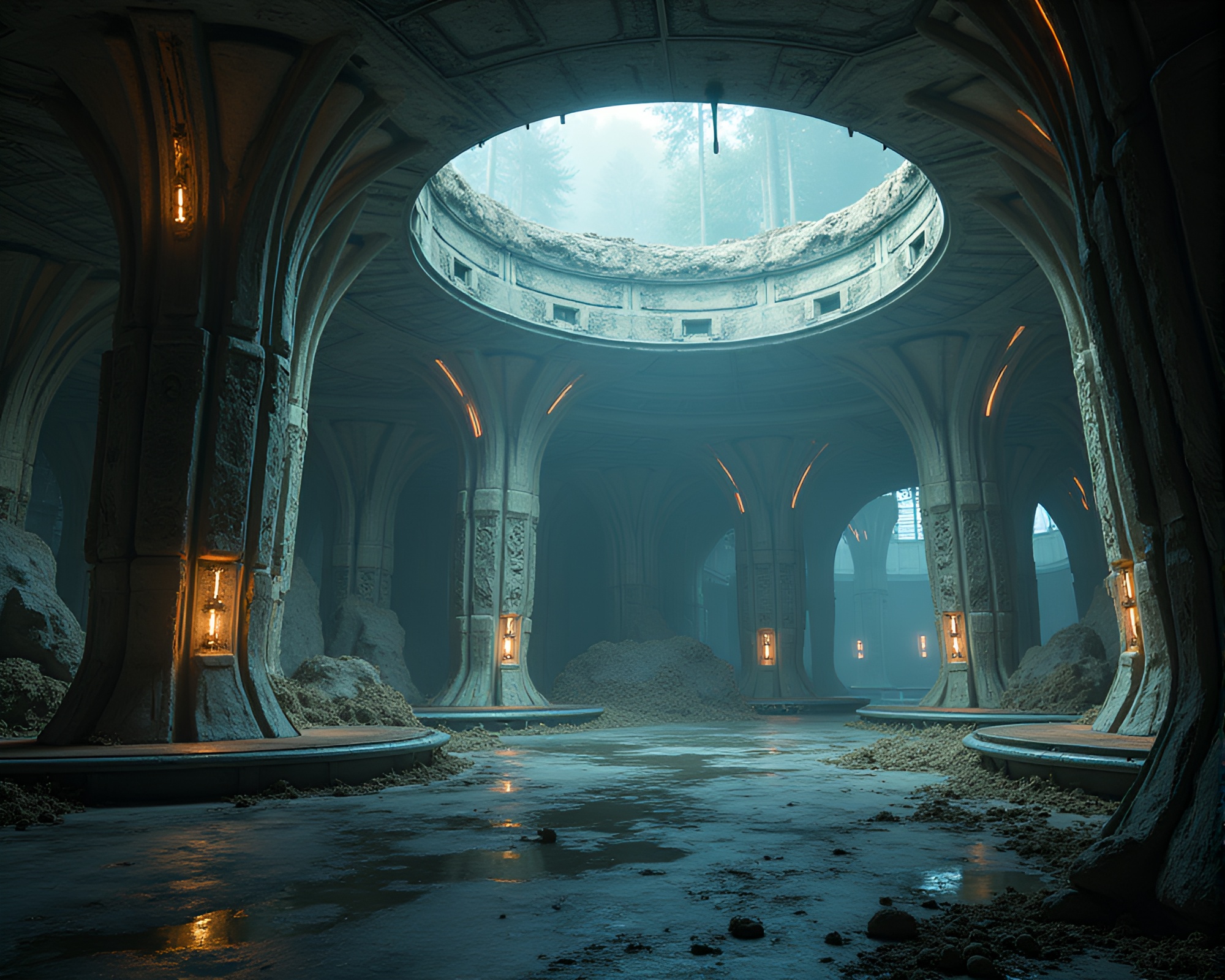 Abandoned Space Station with Mystical Modern Art – free AI stock image