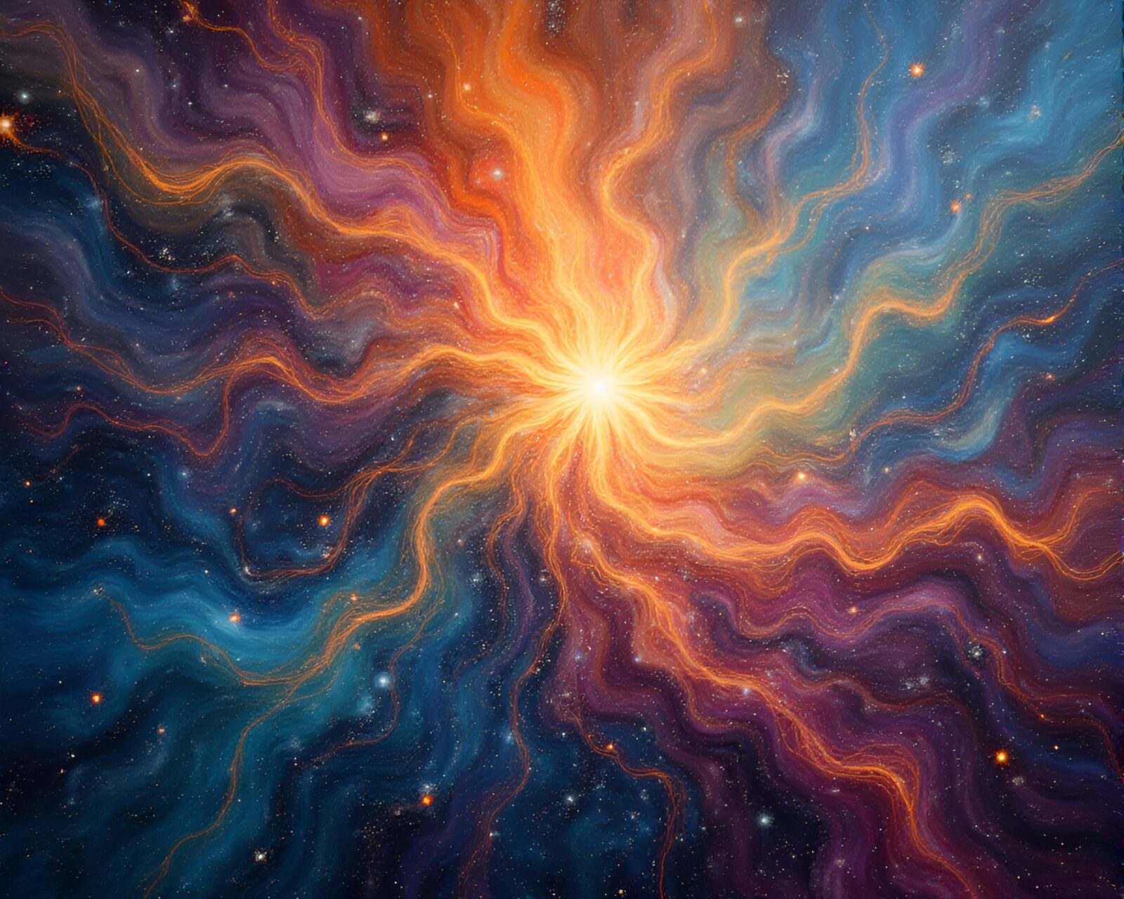 Intricate cosmic string tapestry painting fluttering in ethereal winds
