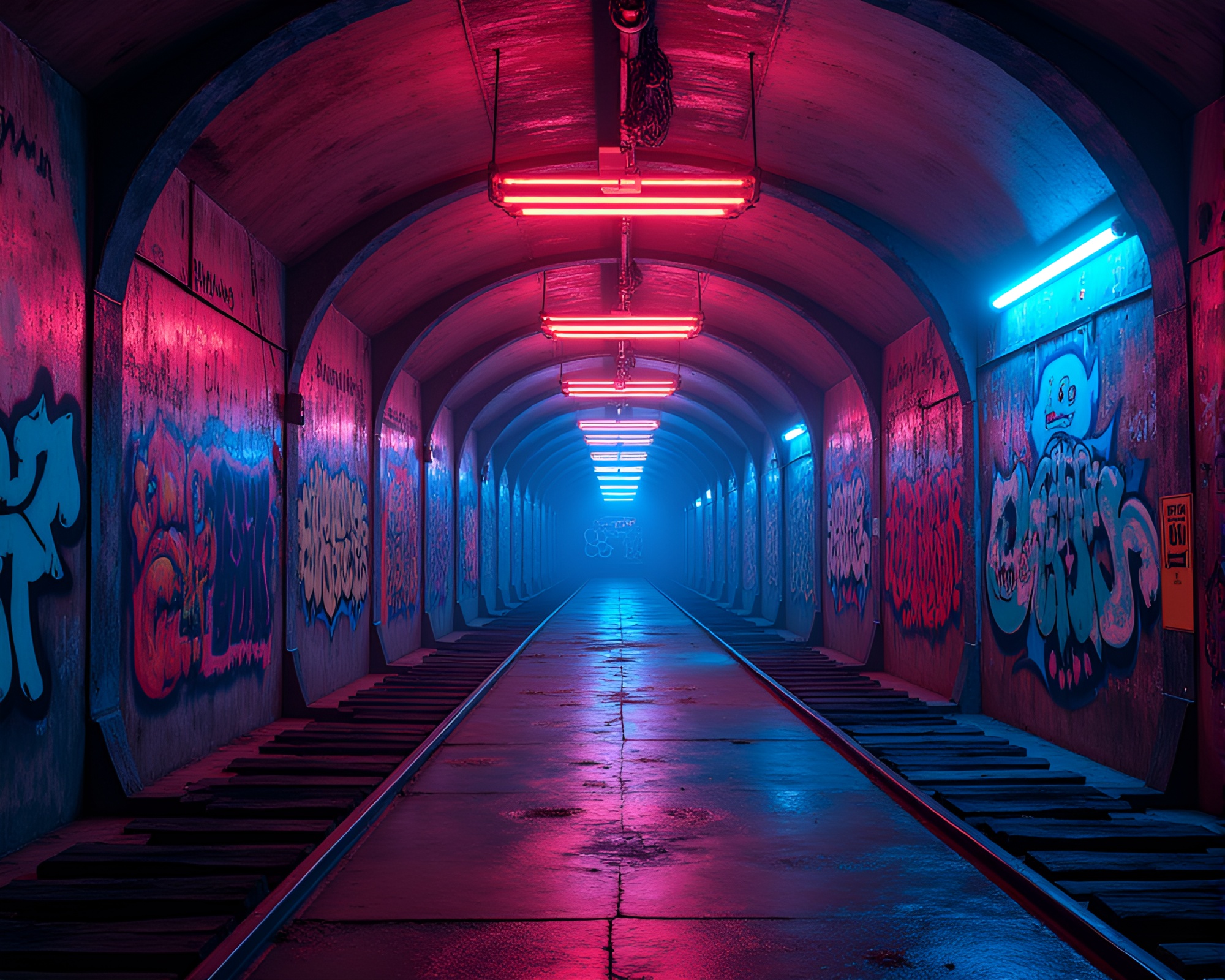 Otherworldly Neon Graffiti Adorns Phantom Train Station Walls – free AI stock image