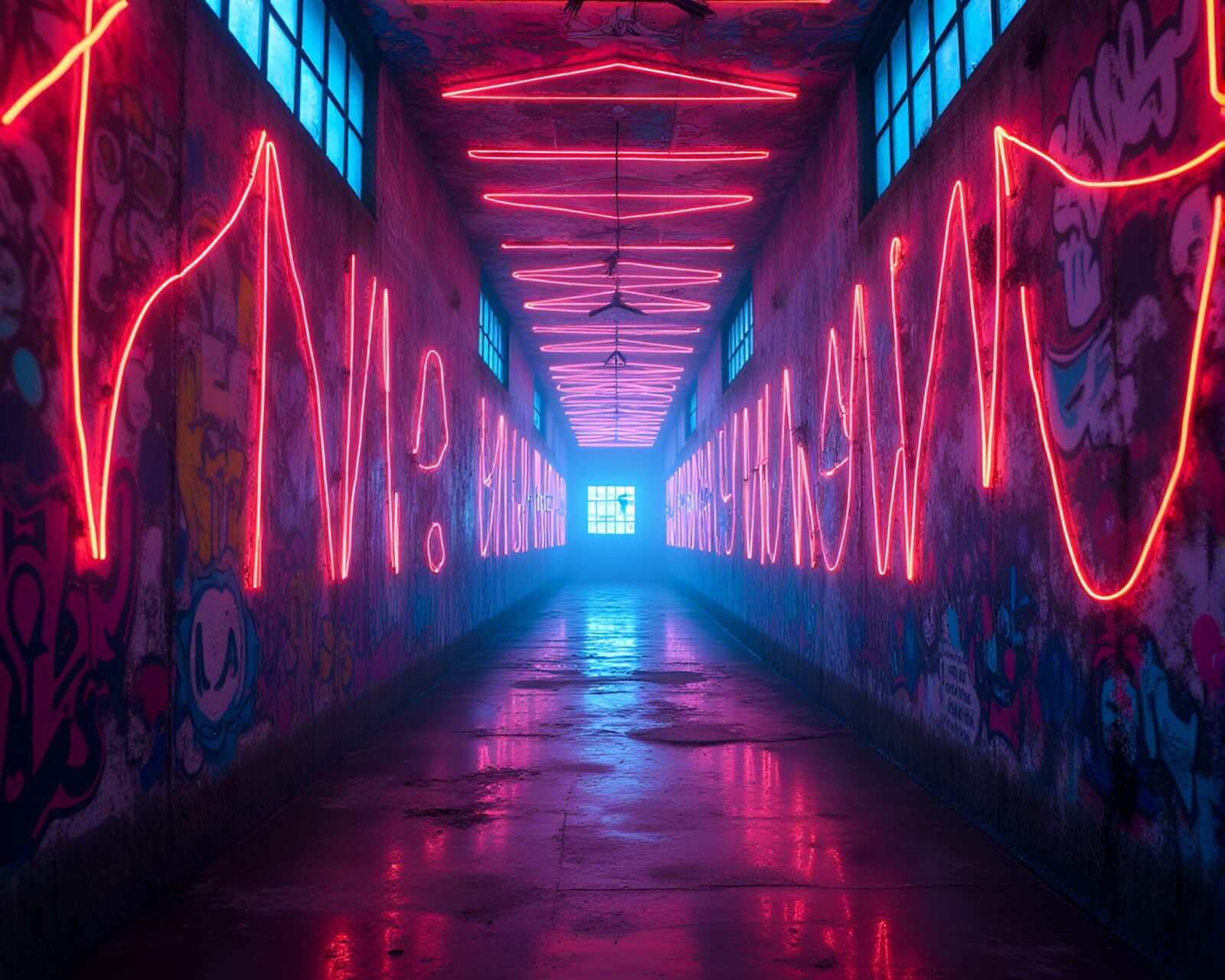 Eerie neon graffiti blending in mesmerizing kaleidoscopic display