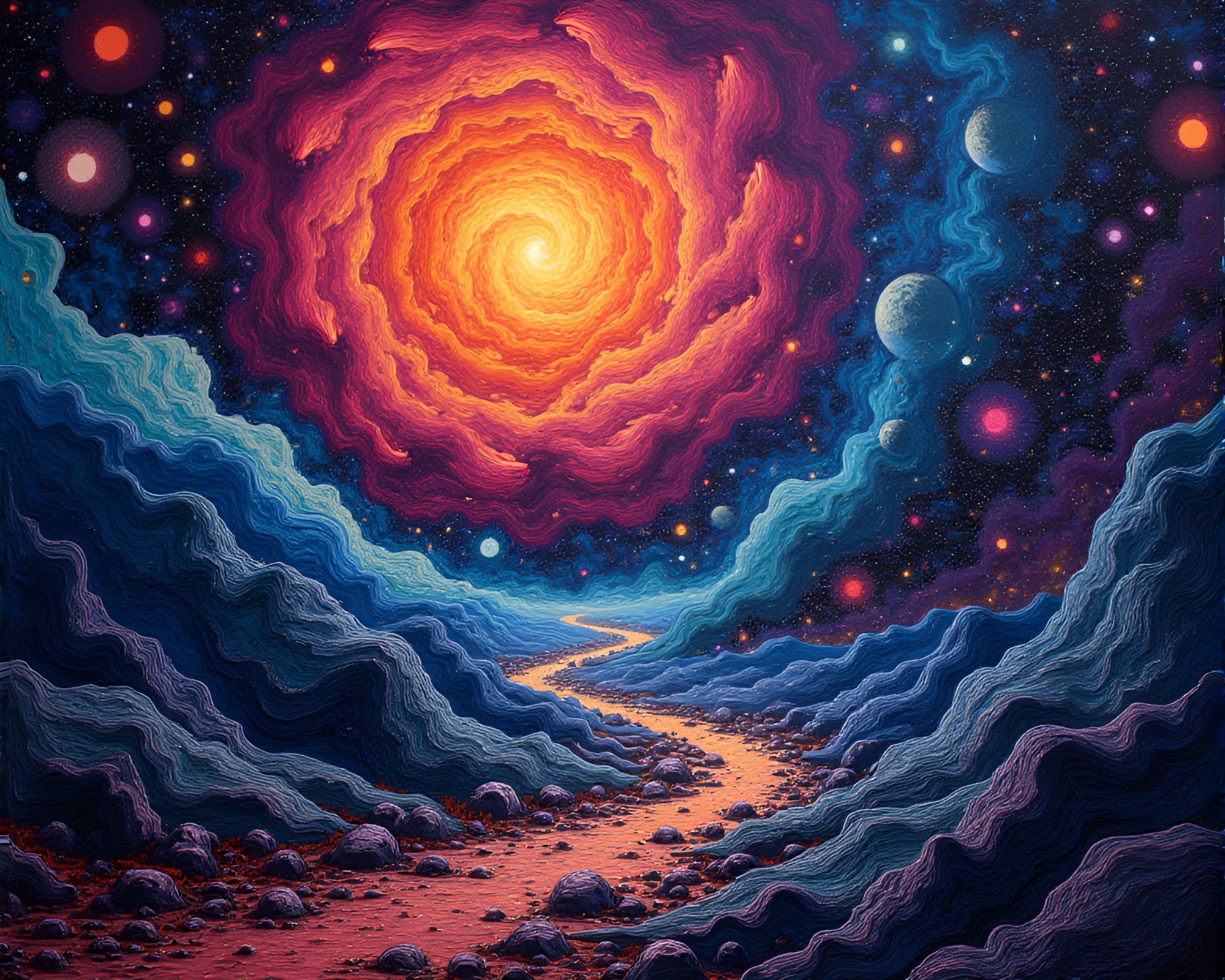 Vibrant Cosmic String Tapestry Painting: Surreal and Captivating – free AI stock image