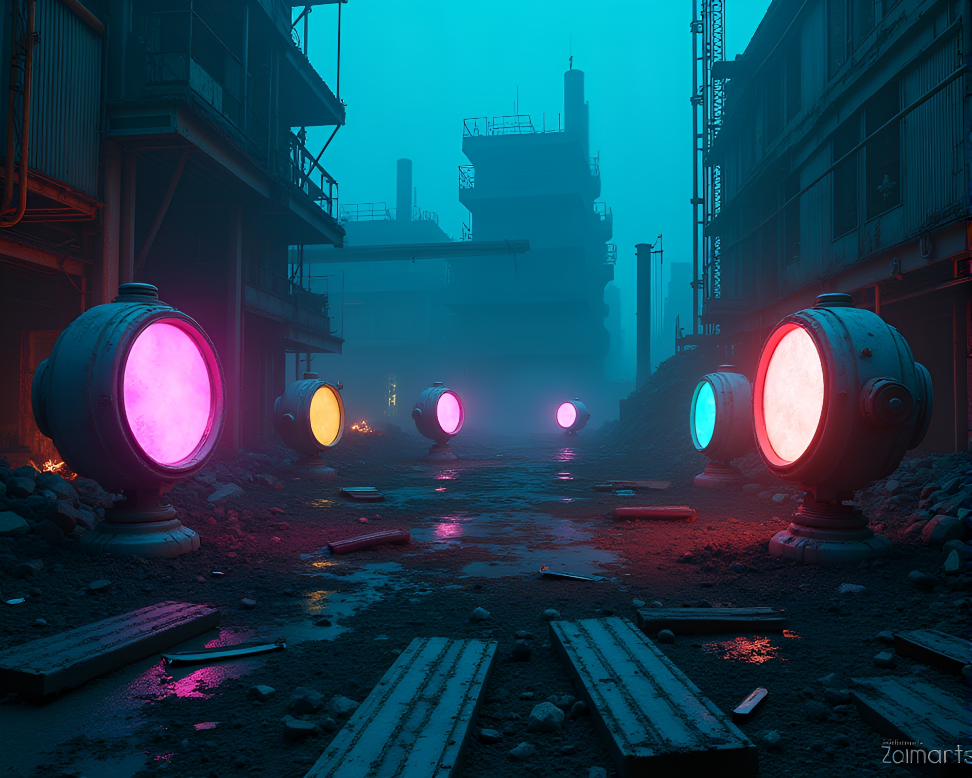 Bioluminescent Modern Art in a Ruined Robot Junkyard – free AI stock image