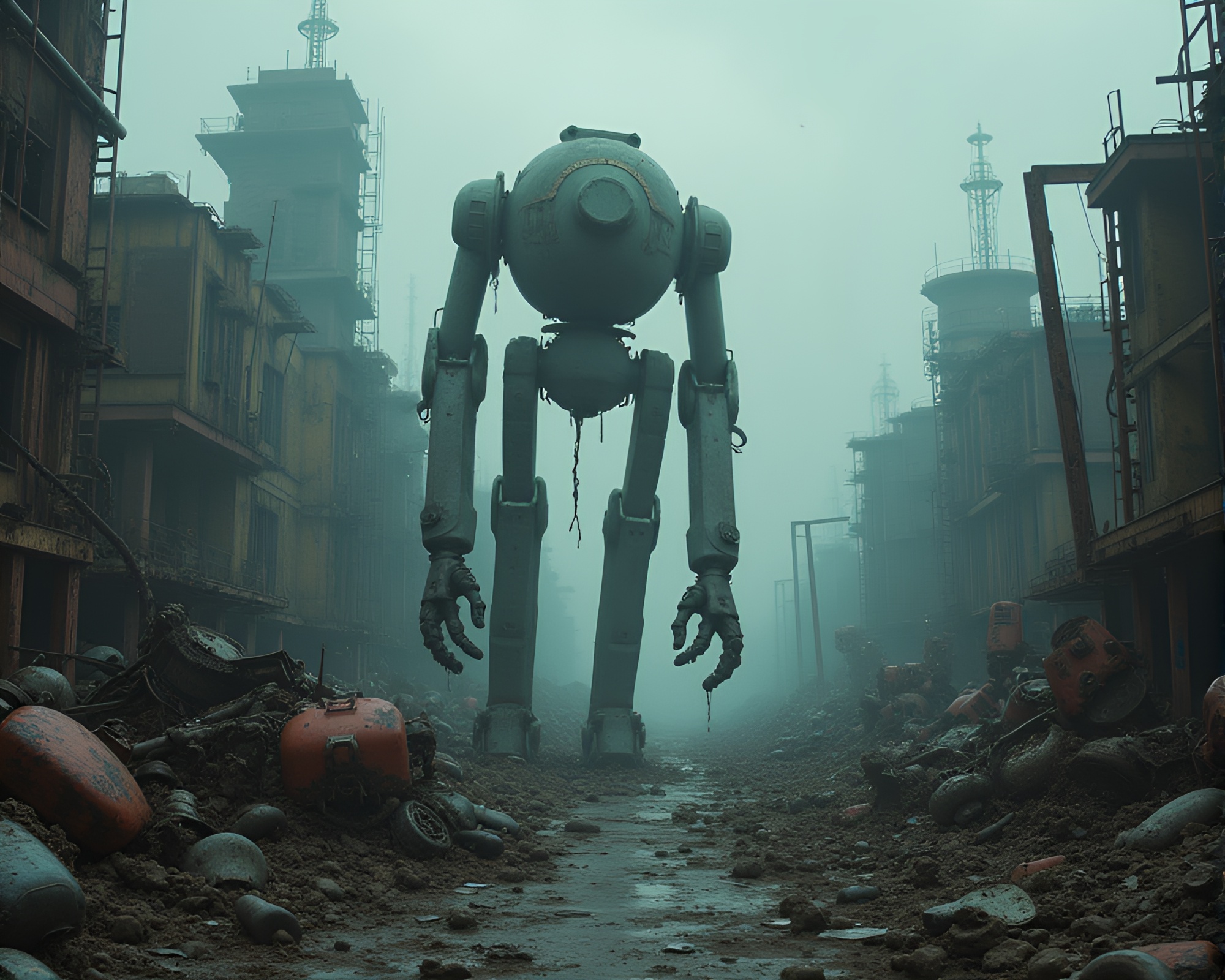 Ruined Robotic Junkyard Painting: Impressionistic Depiction of Decay – free AI stock image