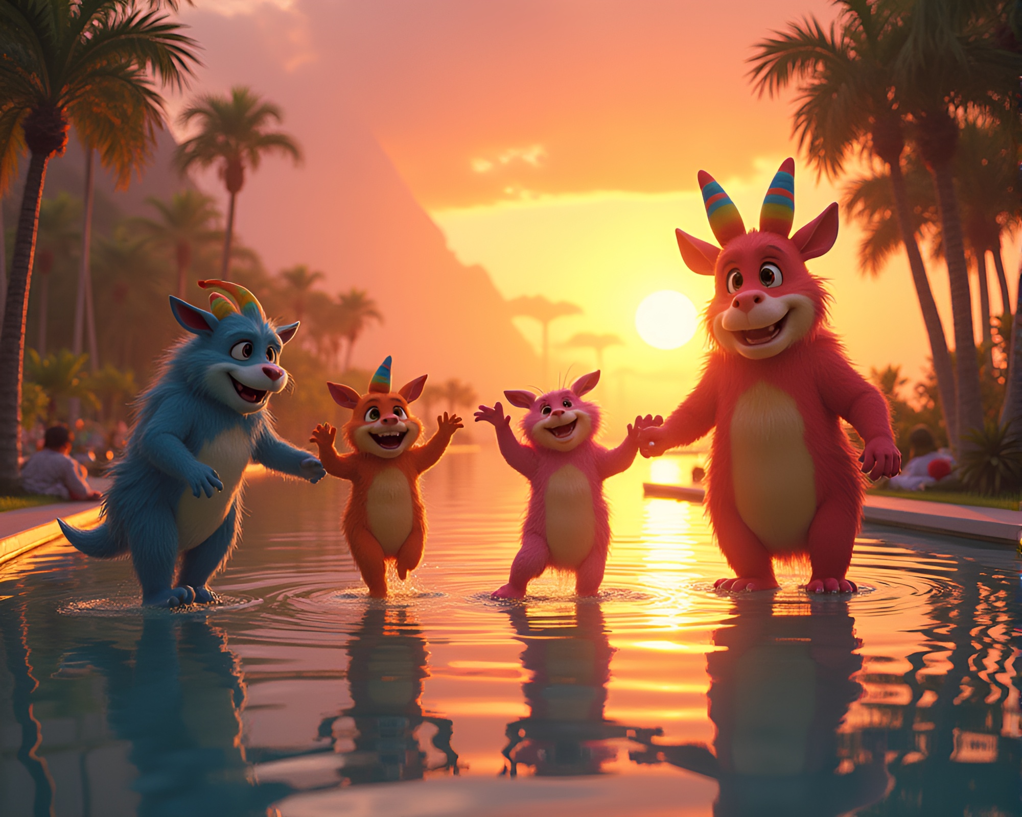 Fantastical Creatures Playing Tag by Serene Oasis at Sunset – free AI stock image
