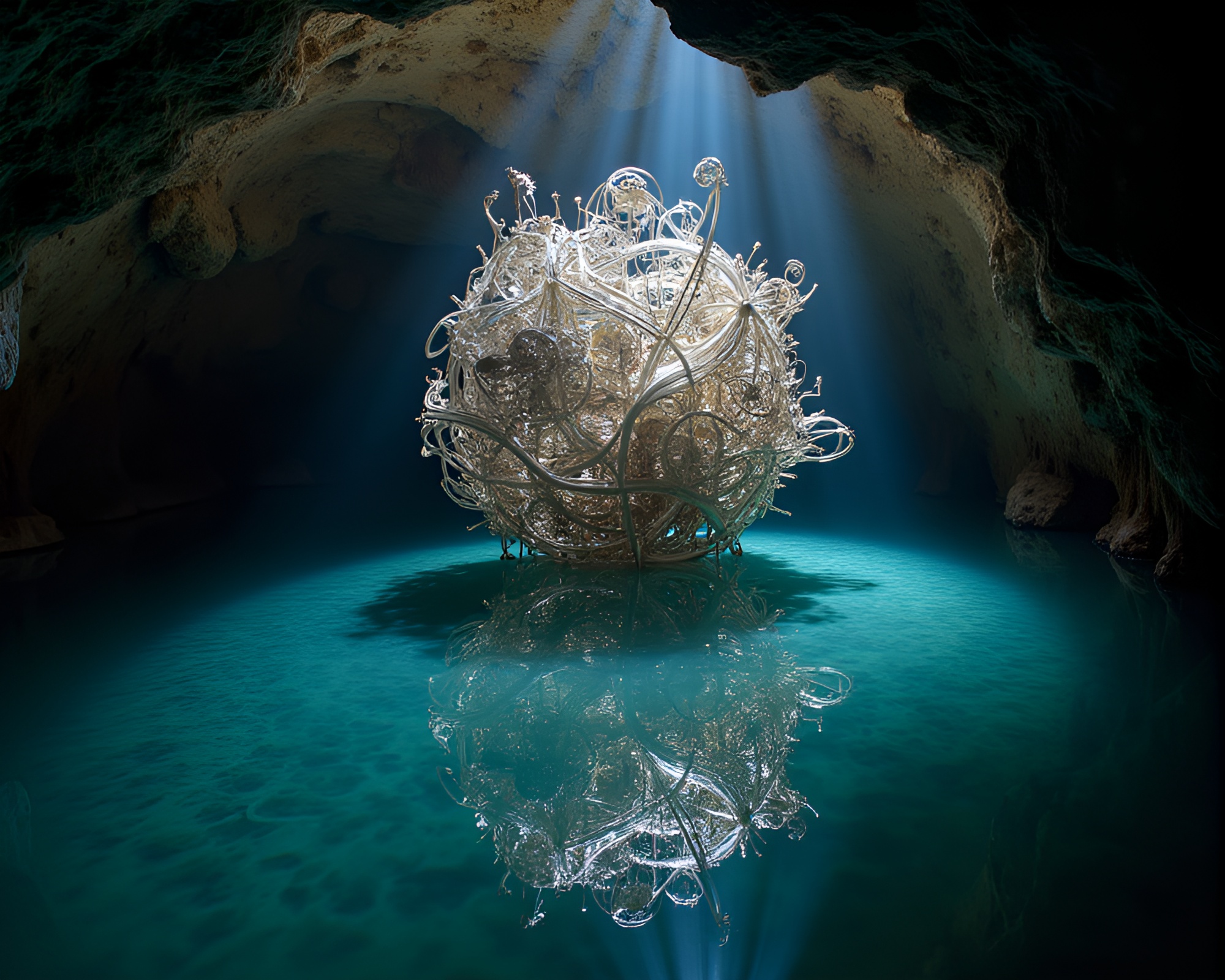Mesmerizing Kinetic Sculpture Reflecting in Subterranean Cave Lake – free AI stock image
