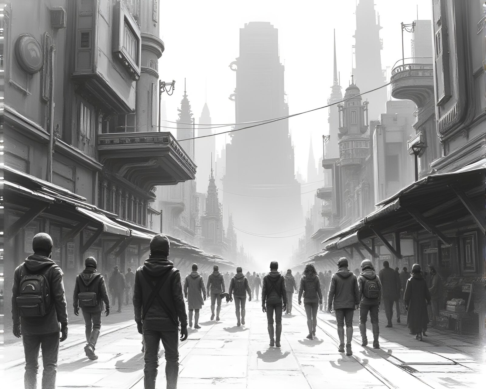 Detailed charcoal sketch of bustling android market in cyberpunk city.