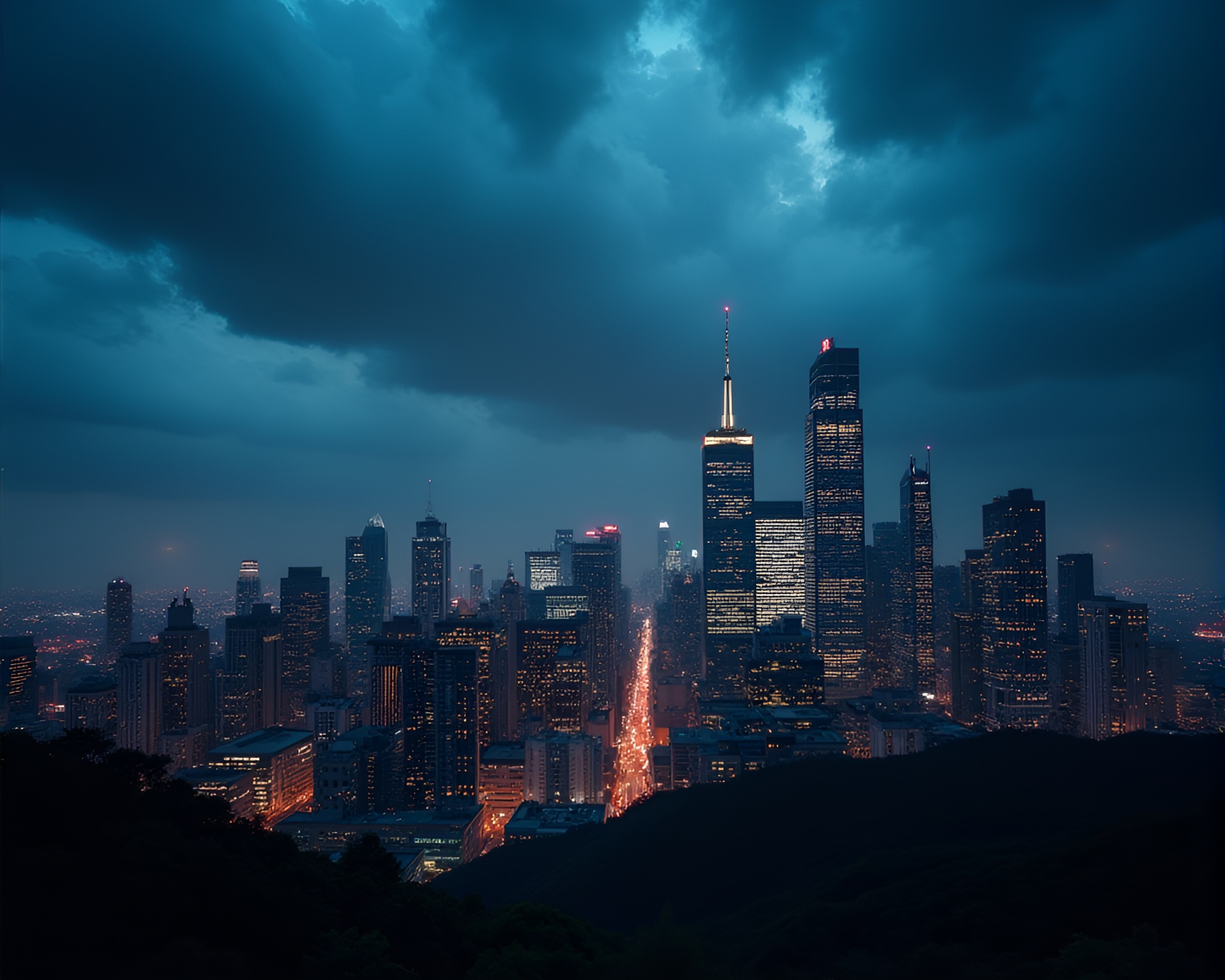 Dazzling Skyscrapers Illuminate Urban Skyline Against Dark Skies – free AI stock image