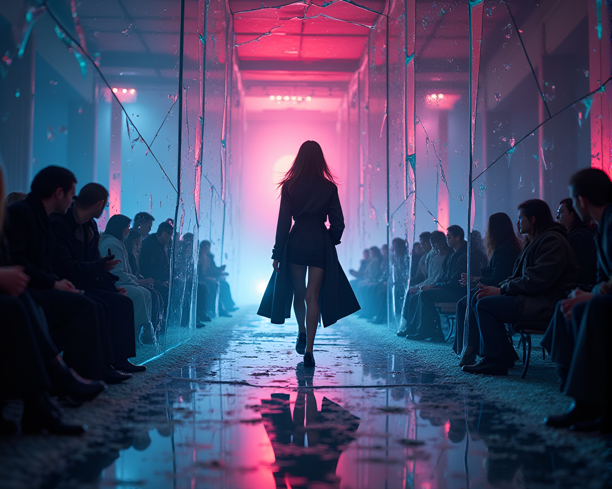 Shattered Mirror Reflects Cyberpunk Futuristic Fashion Runway – free AI stock image