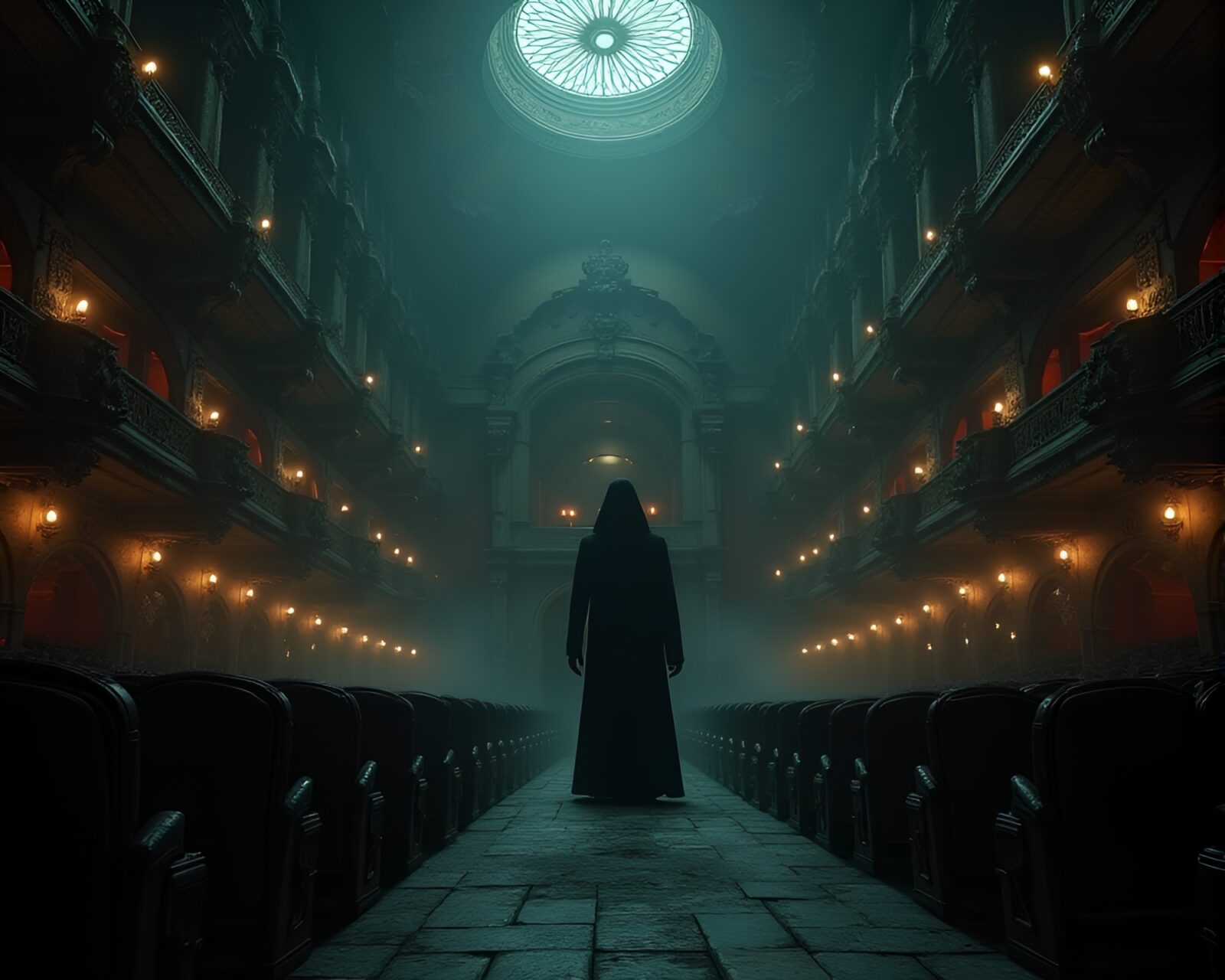 Intricate digital artwork of phantom haunting eerie opera house